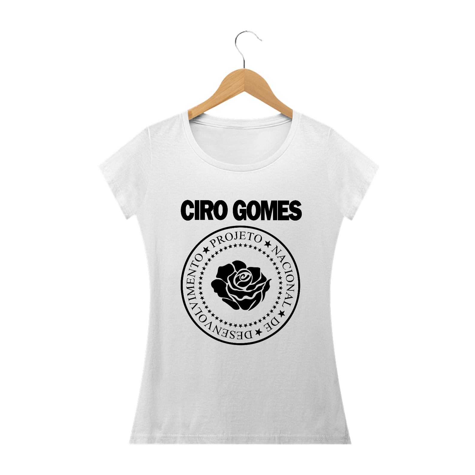 Nome do produto: Camiseta Feminina Ciro Gomes (Ramones) Versão Rosa - Branca