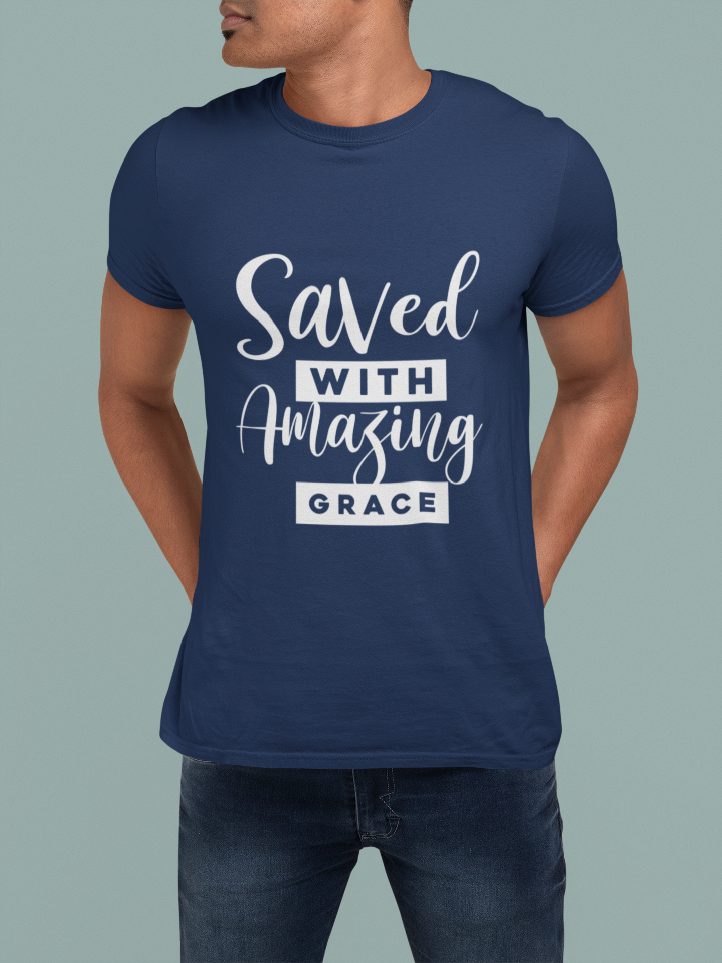 Nome do produto: Camiseta Masculina Cristã Saved with Amazing Grace