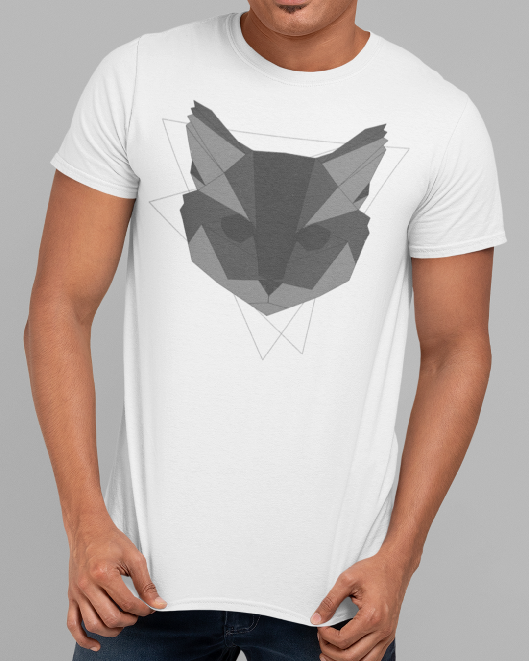 Nome do produto: Camiseta Gato Cinza Geométrico