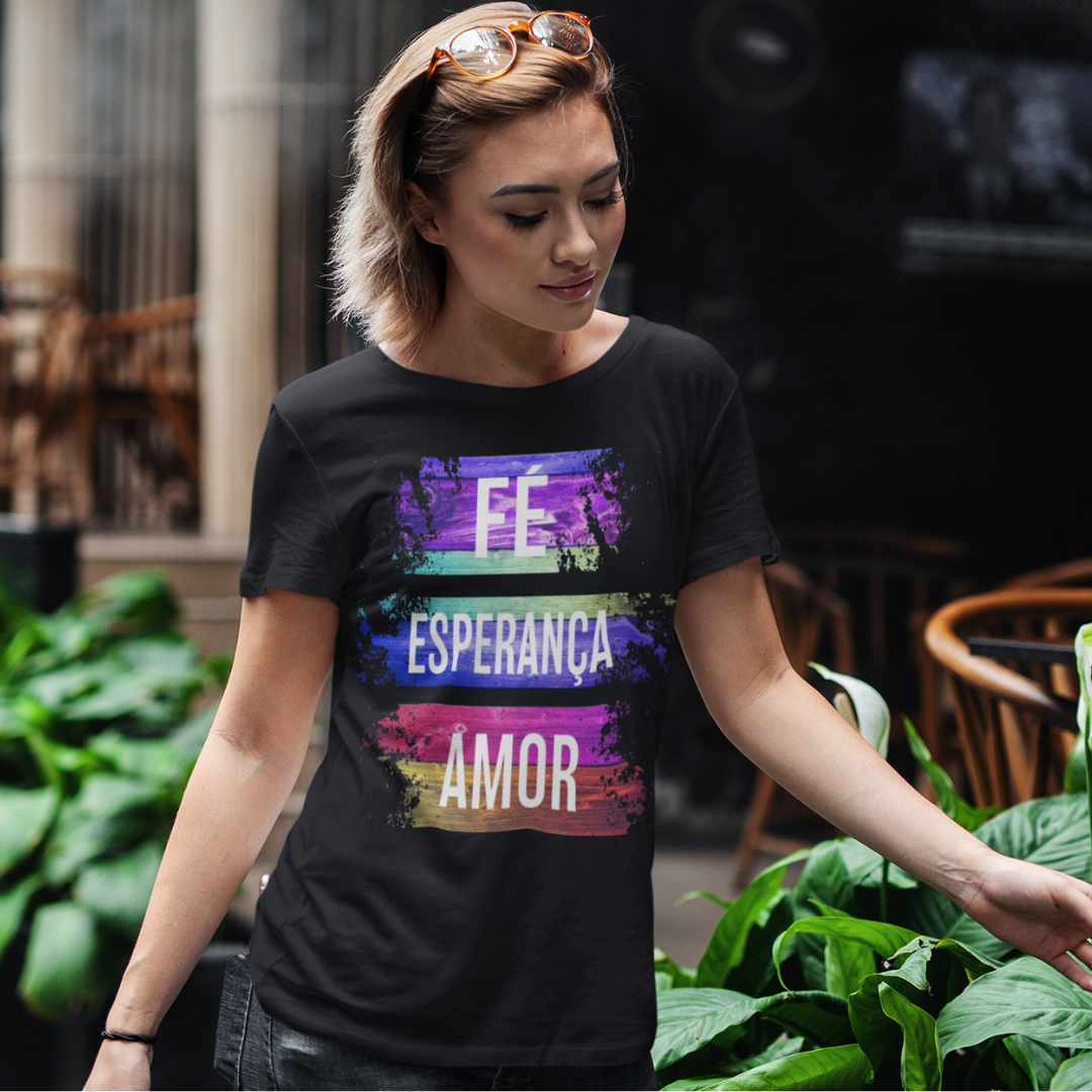 Nome do produto: Baby Look Feminina Fé, Esperança, Amor