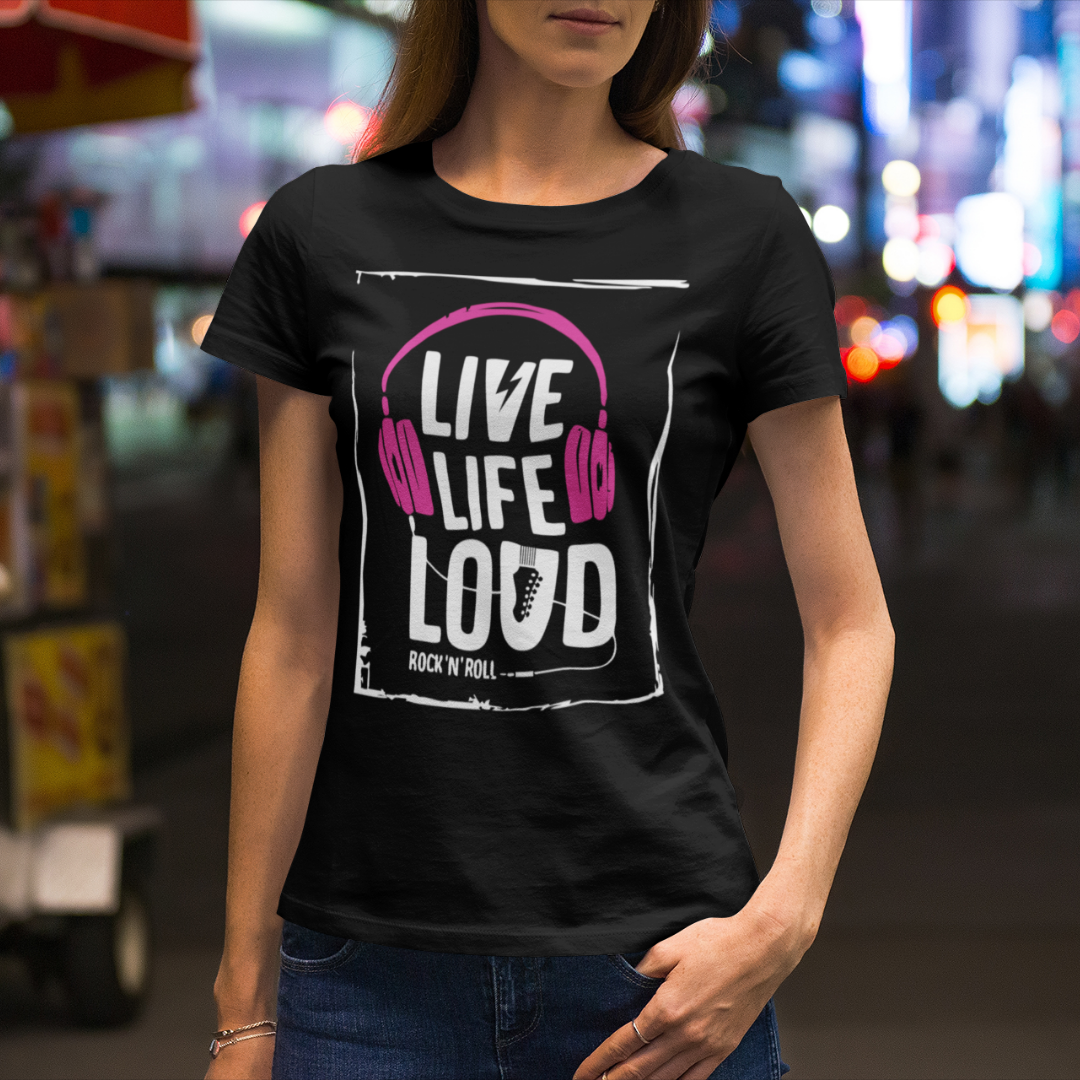 Nome do produto: Baby Look Feminina Live Life Loud Rock n Roll