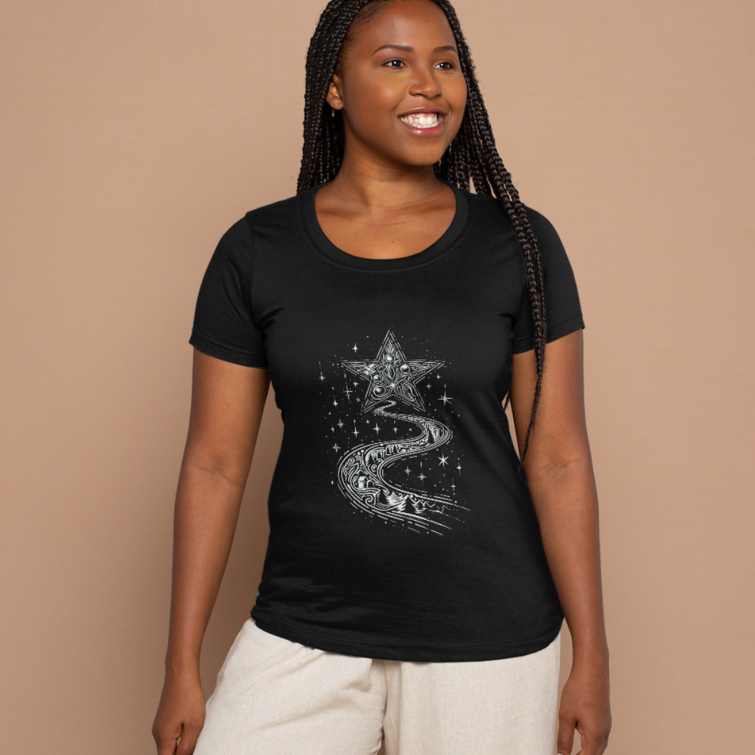 Nome do produto: Camiseta Estampada Feminina Natal Caminho de Estrelas