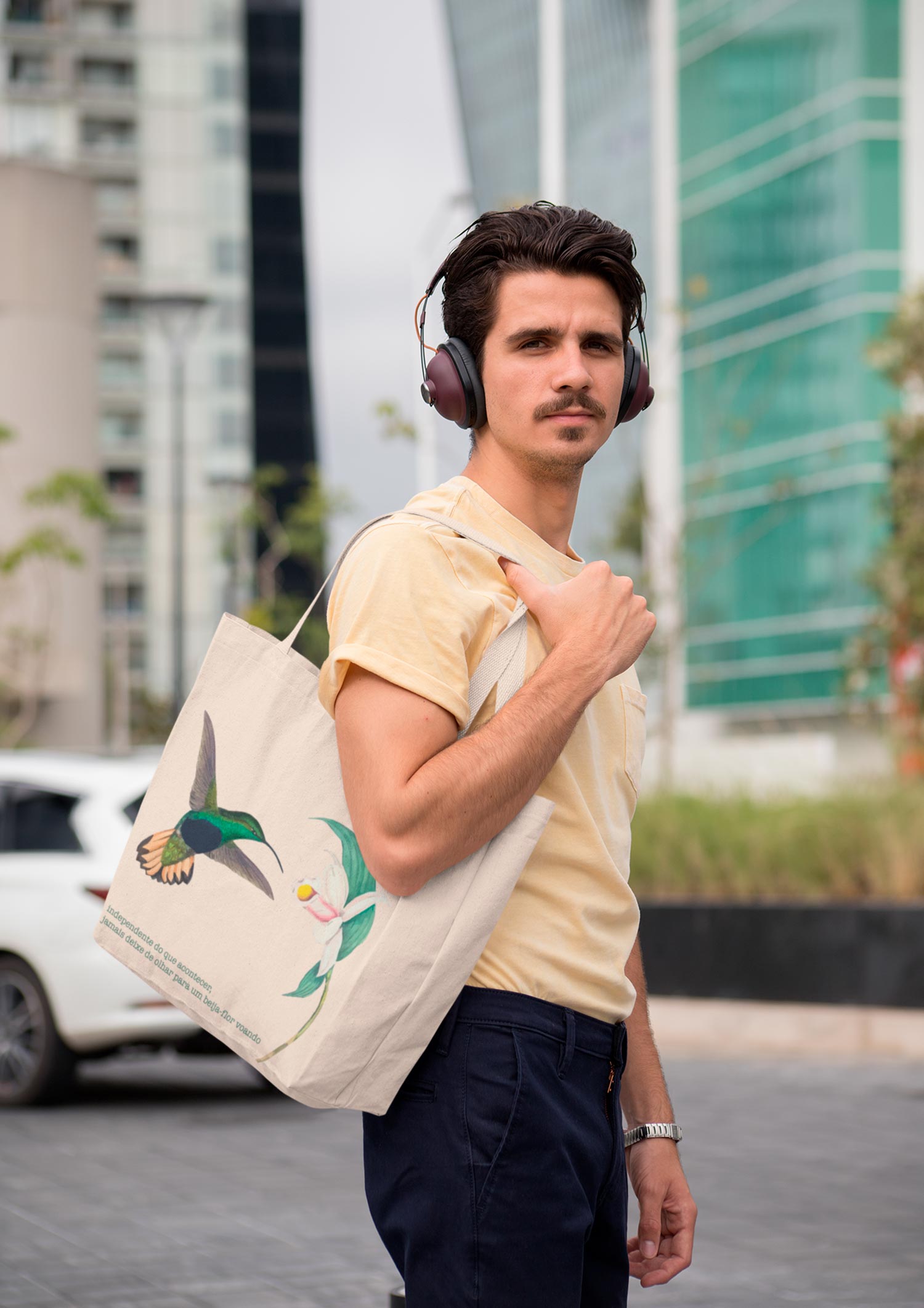 Nome do produto: EcoBag Estampa Beija-Flor - Sacola Ecológica 100% Algodão Cru 40cmx35cm