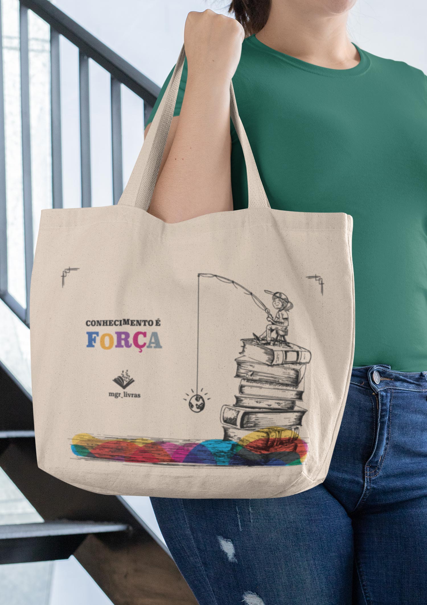 Nome do produto: EcoBag Conhecimento é Força - MGR_LIVRAS - Sacola Ecológica 100% Algodão Cru 40cmx35cm