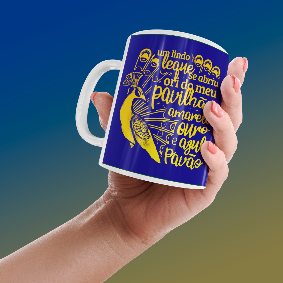 Nome do produto: Unidos da Tijuca 2025: Amarelo ouro e azul pavão - Caneca