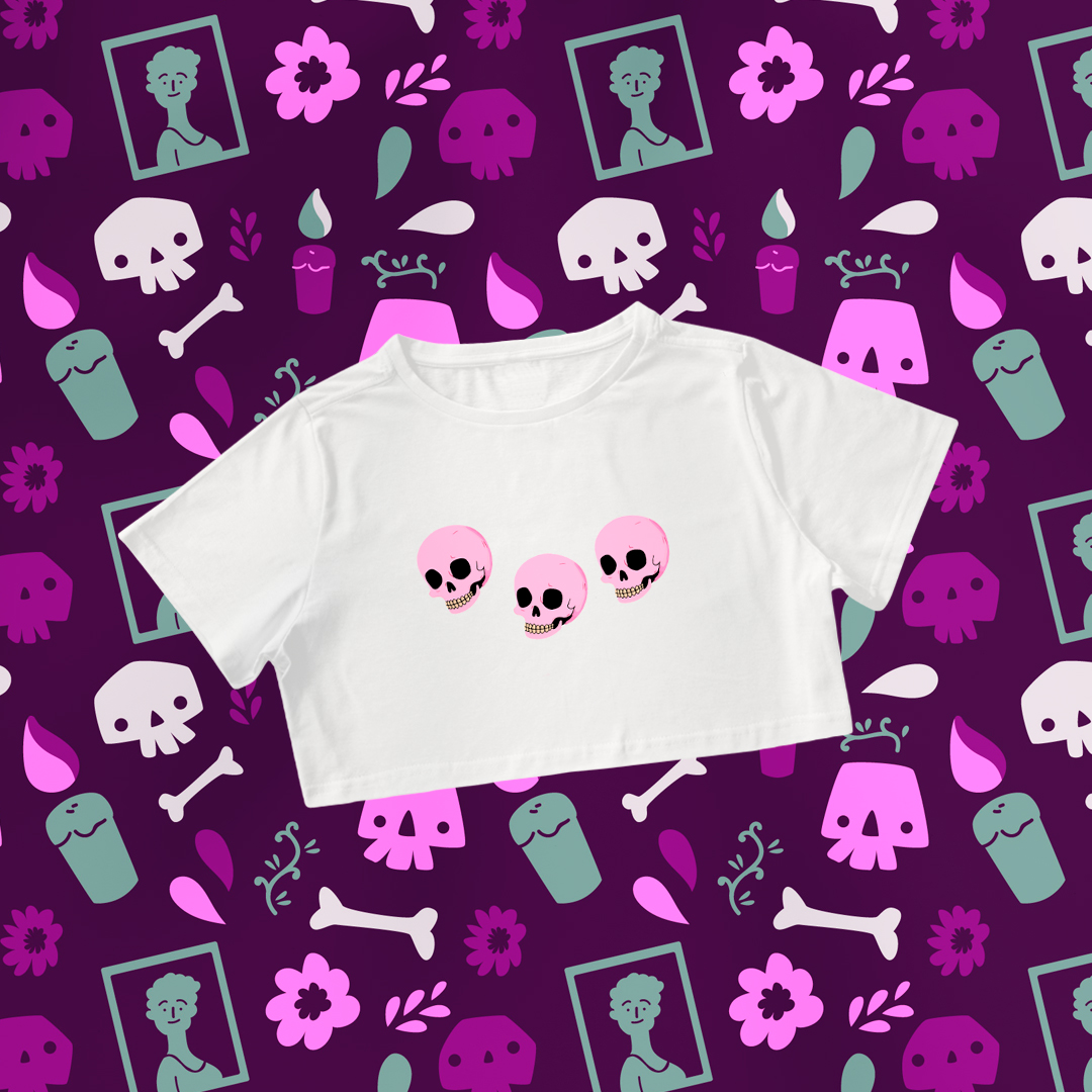 Nome do produto: Cropped Pink Skull: Doçura e Estilo com um Toque Divertido