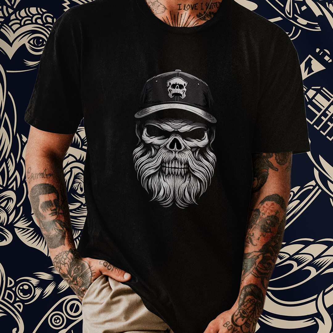 Nome do produto: Caveira de Barba e Boné: Estilo e Mistério em Sintonia