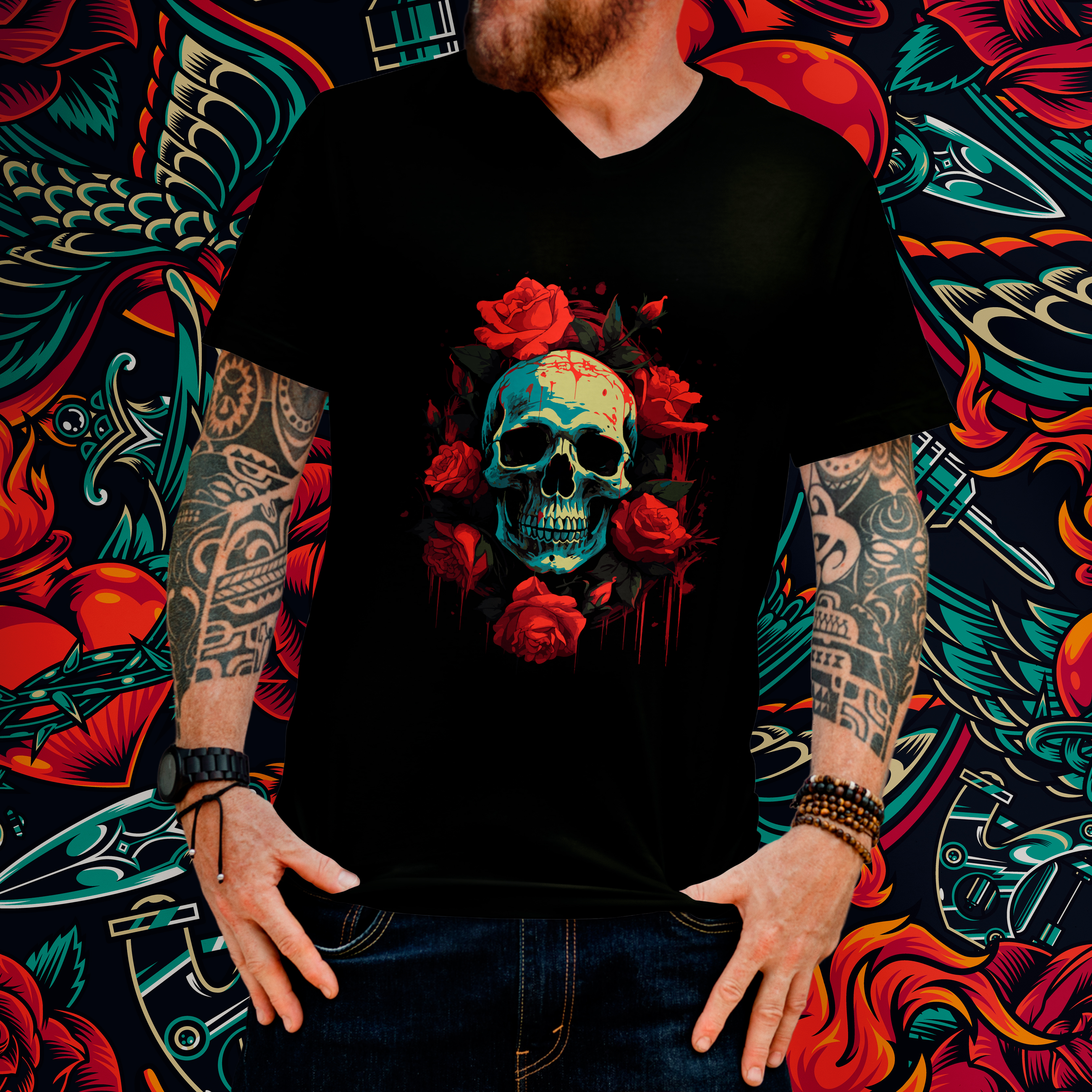 Nome do produto: Caveira e Rosas: A Dança da Vida entre Sombras e Pétalas