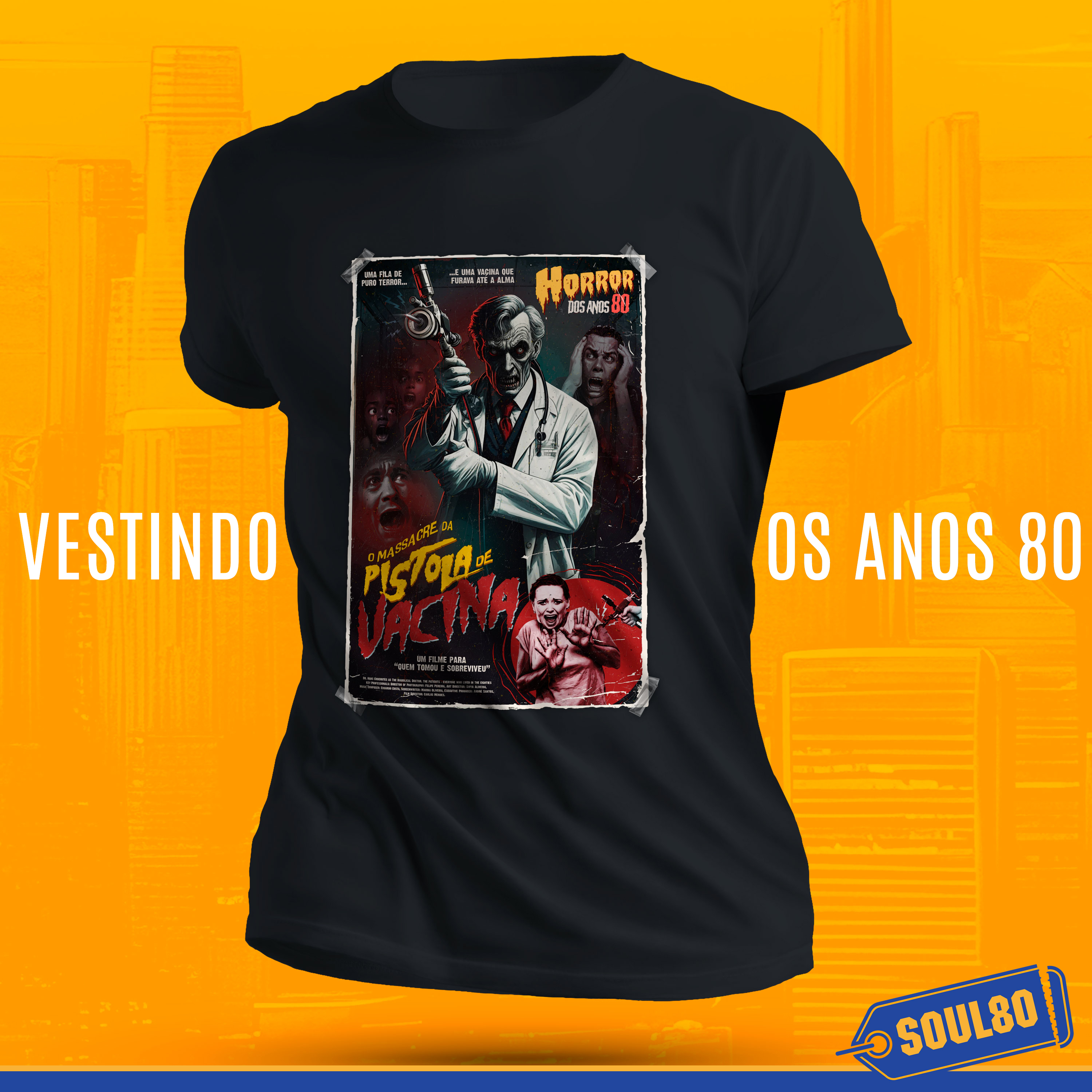 Nome do produto: Camiseta Pistola de Vacina - Geração Anos 80