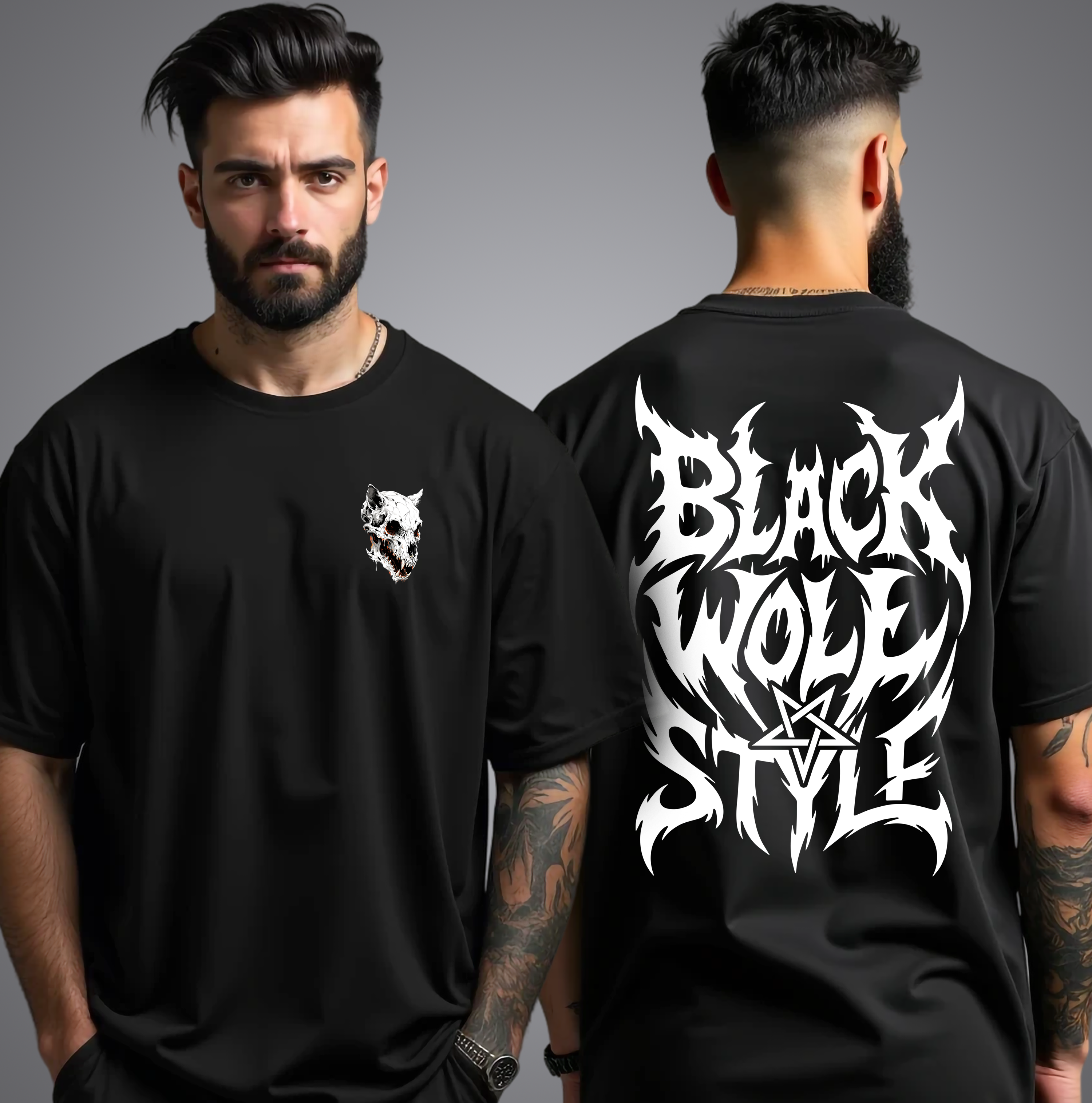 Camiseta Oversized - Black Wolf Skull (costas logo)