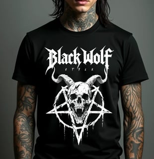 Camiseta - Pentagram Skull (Black Wolf Style)