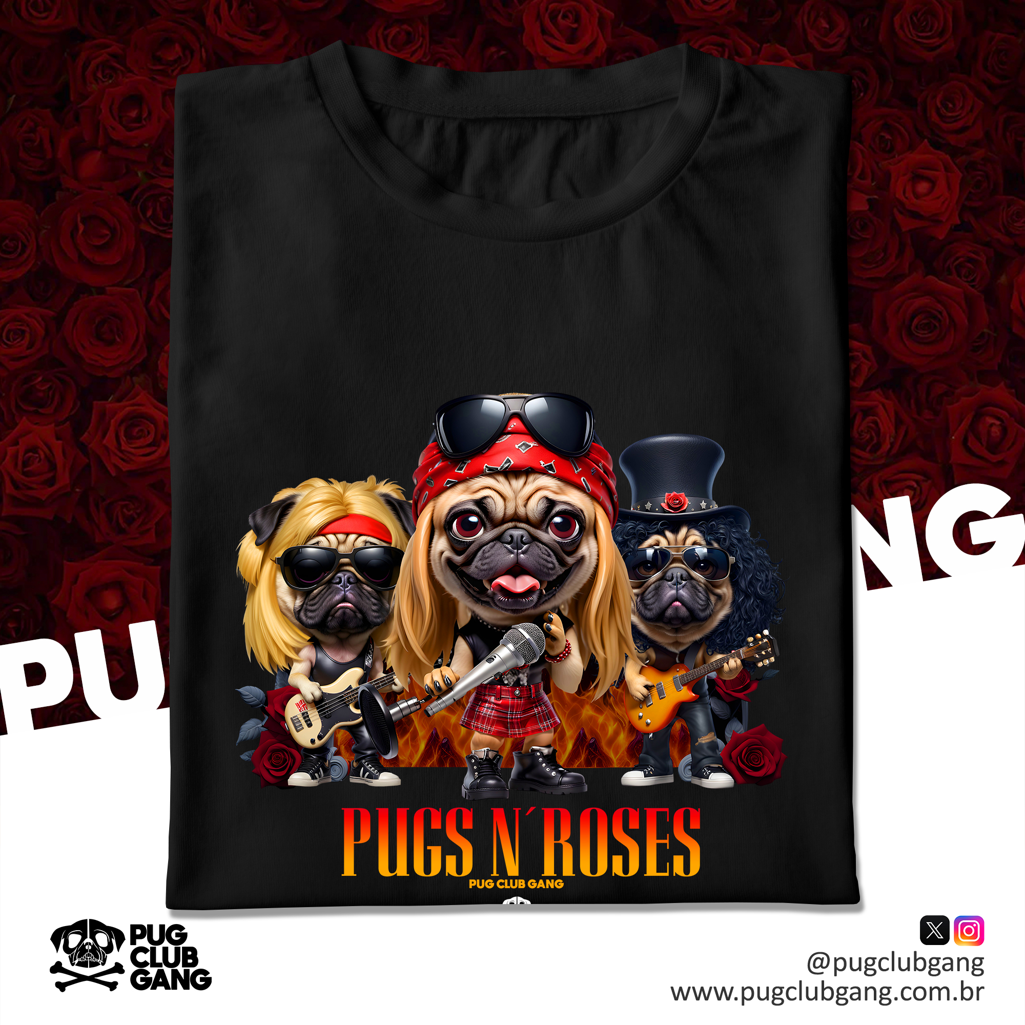 Nome do produto: Camiseta Pug - Pugs n´Roses