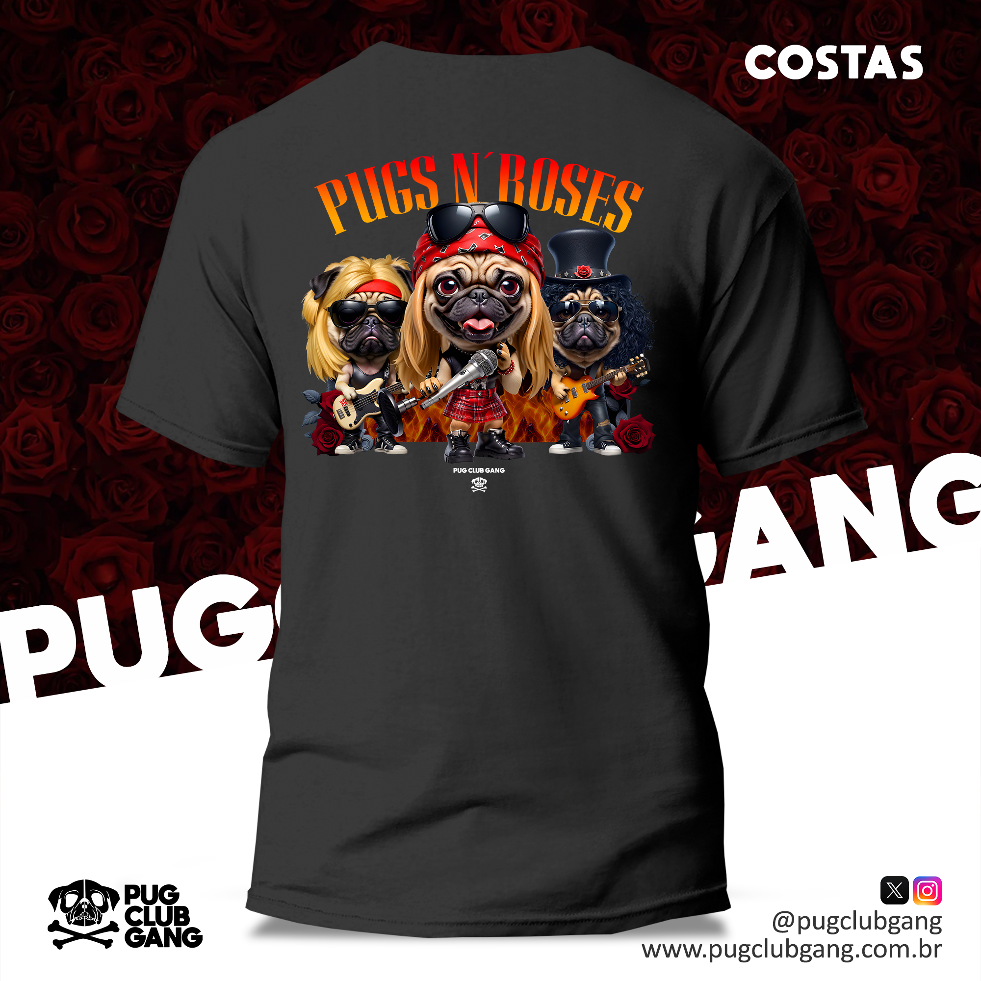 Nome do produto: Camiseta Pug (Costas) - Pugs n´Roses