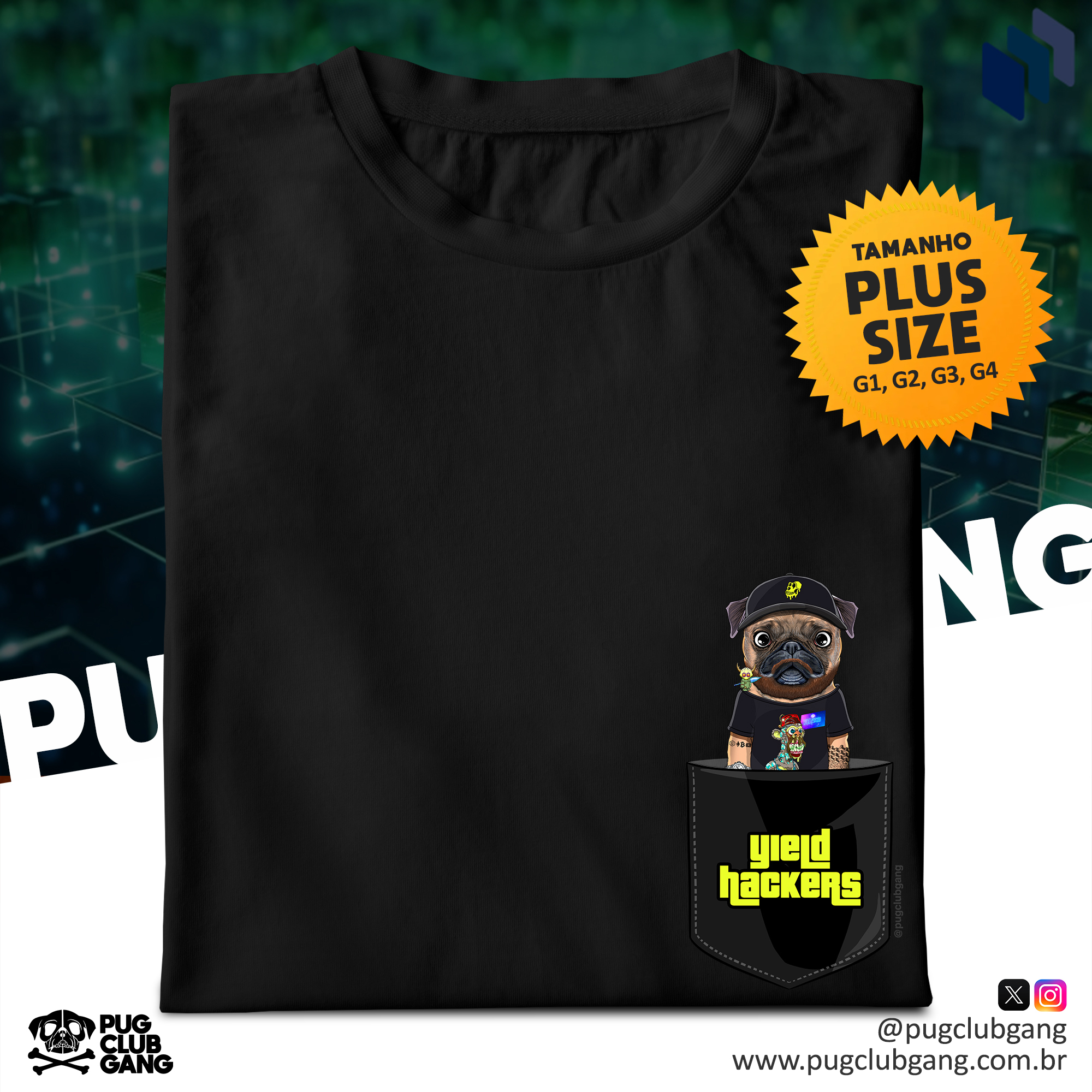 Nome do produto: Camiseta Collab Plus Size - Yield Hackers & Pug Club Gang - Bolso Fake 