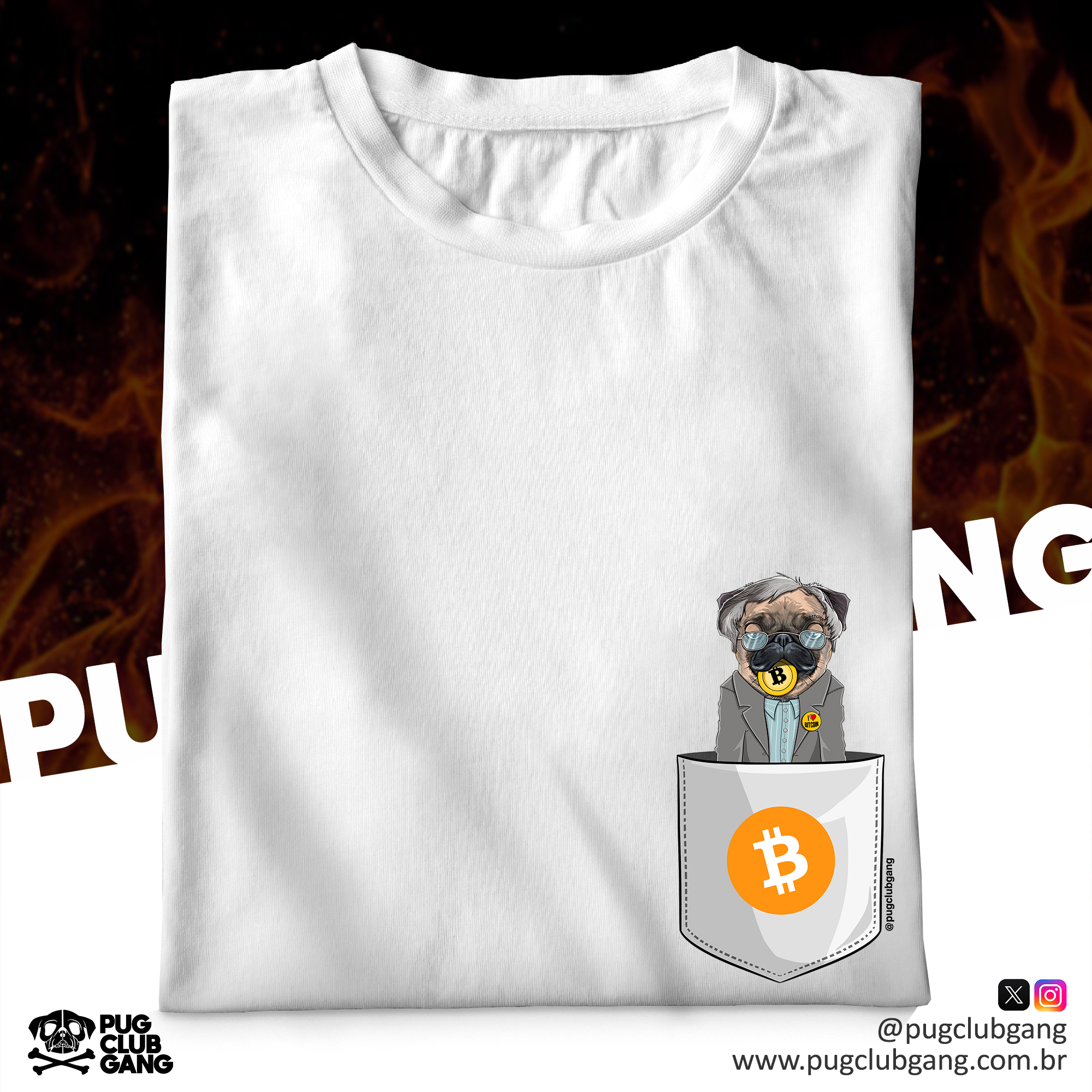 Nome do produto: Camiseta Pug Bitcoin - Bolso Fake
