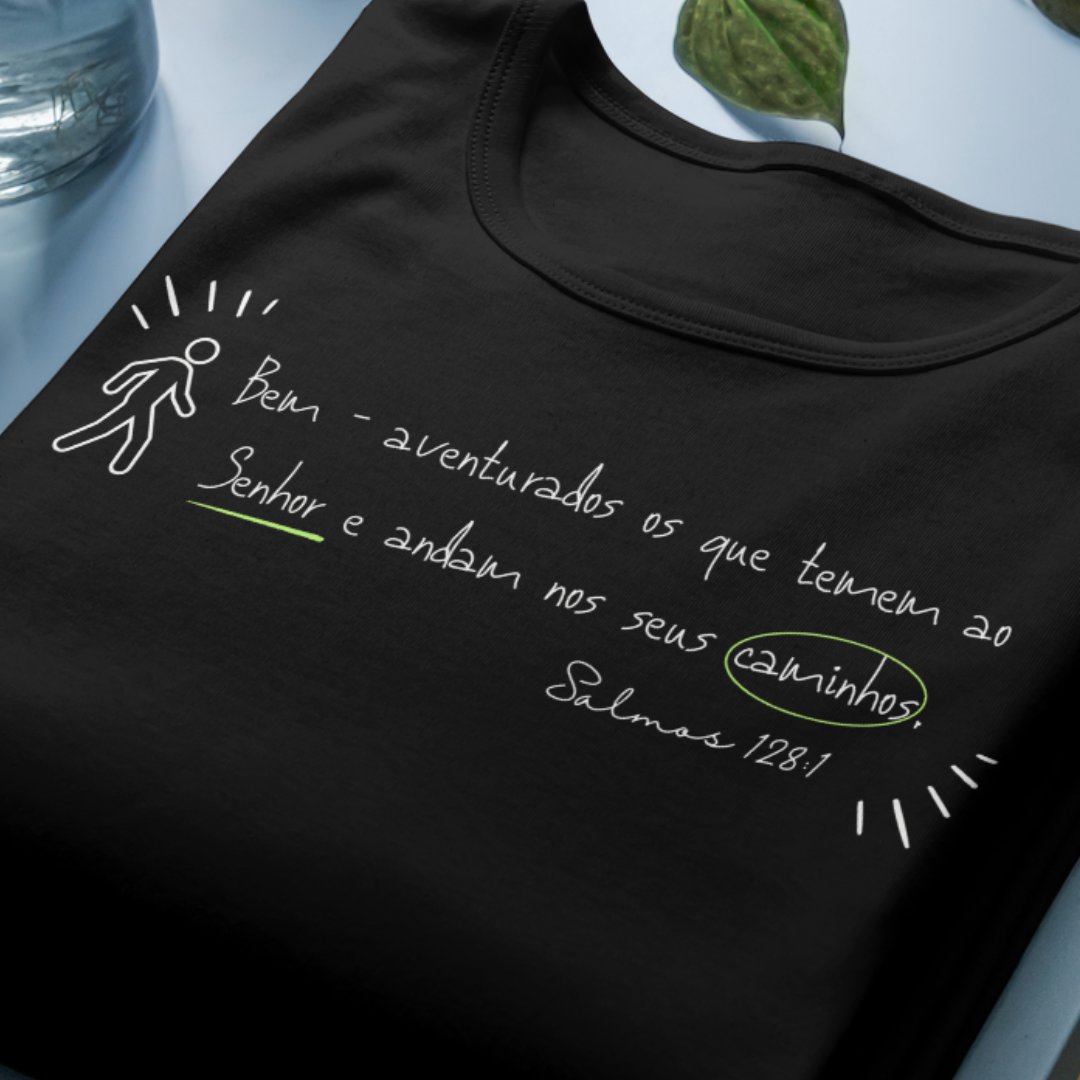 Nome do produto: Camiseta Versículo - Salmos 128 - Bem-Aventurados - Estampa Branca