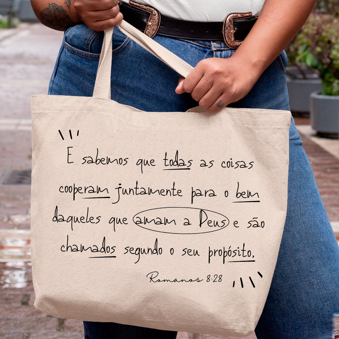Nome do produto: Eco Bag Versículo - Romanos 8:28 - Tudo Coopera para o bem