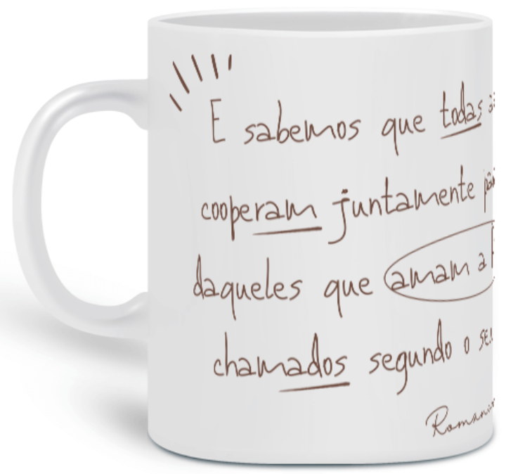 Nome do produto: Caneca Versículo - Romanos 8:28 - Tudo Coopera para o bem