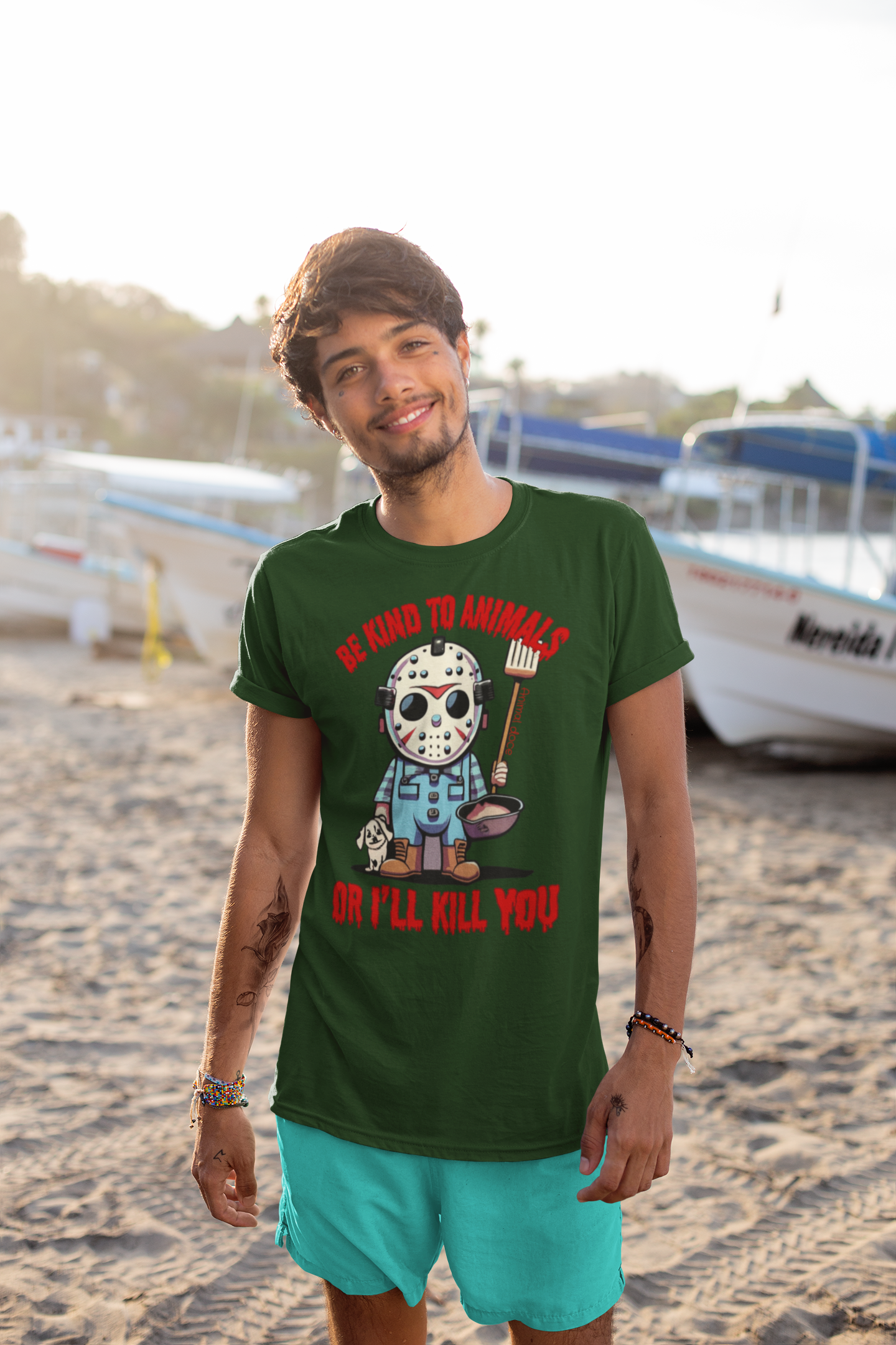 Nome do produto: CAMISETA T-SHIRT ESTONADA DOG, LINHA FILME JASON BE KIND TO ANIMALS, SEXTA FEIRA 13
