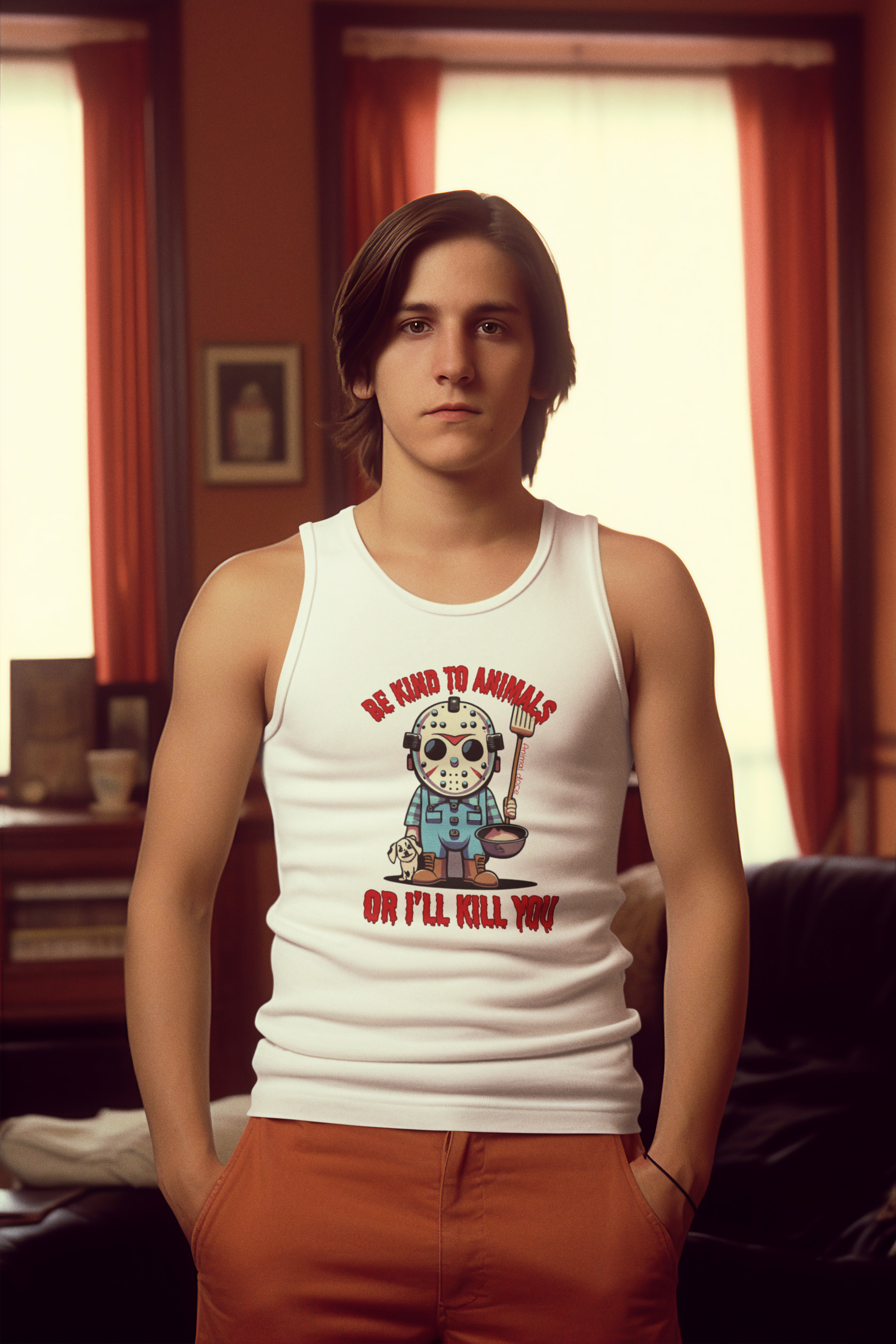 Nome do produto: REGATA CLASSIC DOG, LINHA FILME JASON BE KIND TO ANIMALS, SEXTA FEIRA 13