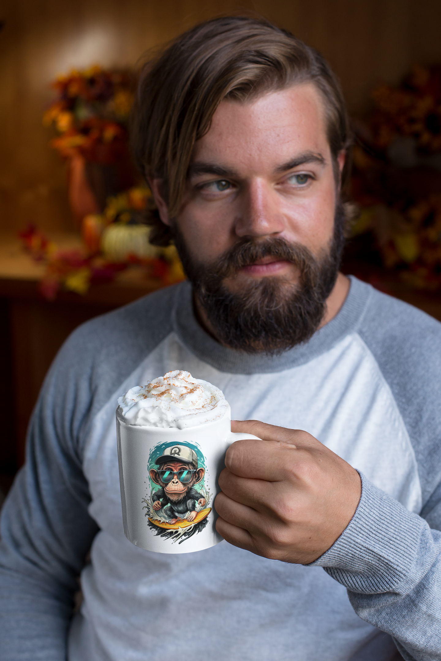 Nome do produto: CANECA PERSONALIZADA CRIATIVA EM CERÂMICA, 325ML C/02 LADOS, SURF MONKEY 