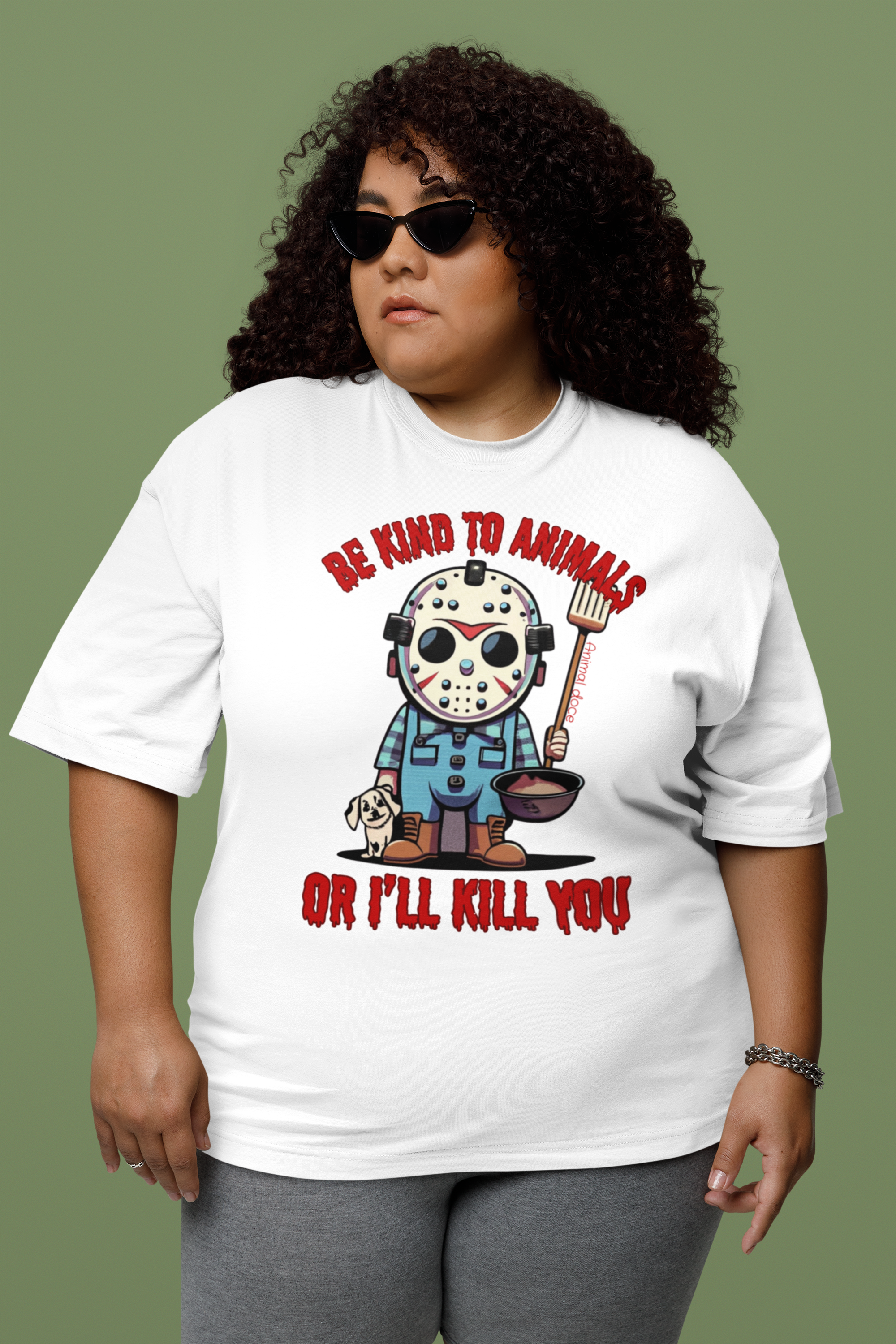 Nome do produto: CAMISETA T-SHIRT PLUS SIZE DOG, LINHA FILME JASON BE KIND TO ANIMALS, SEXTA FEIRA 13