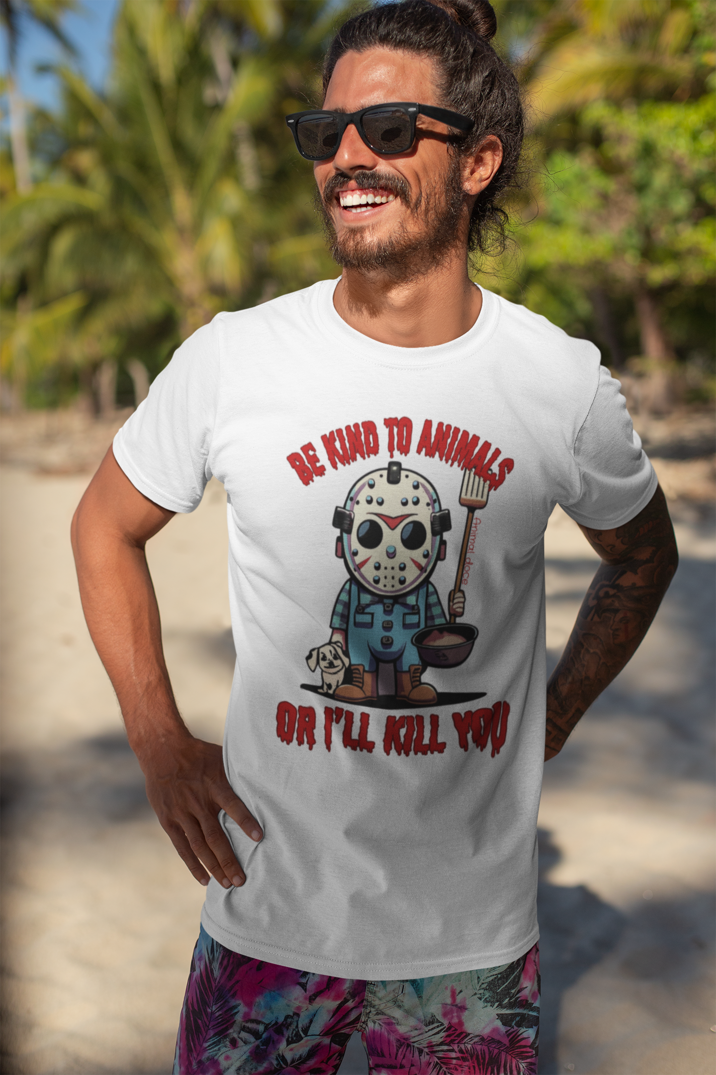 Nome do produto: CAMISETA T-SHIRT PIMA DOG, LINHA FILME JASON BE KIND TO ANIMALS, SEXTA FEIRA 13