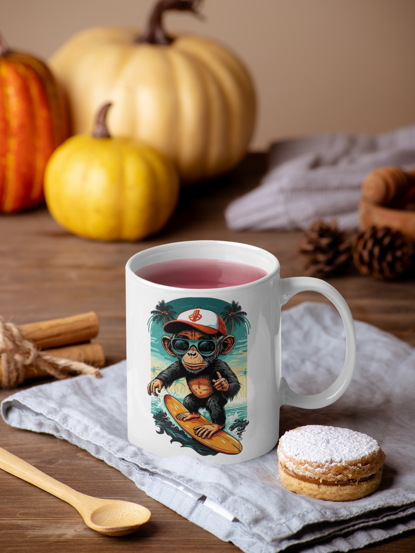 Nome do produto: CANECA PERSONALIZADA CRIATIVA EM CERÂMICA, 325ML C/02 LADOS, SURF MONKEY 