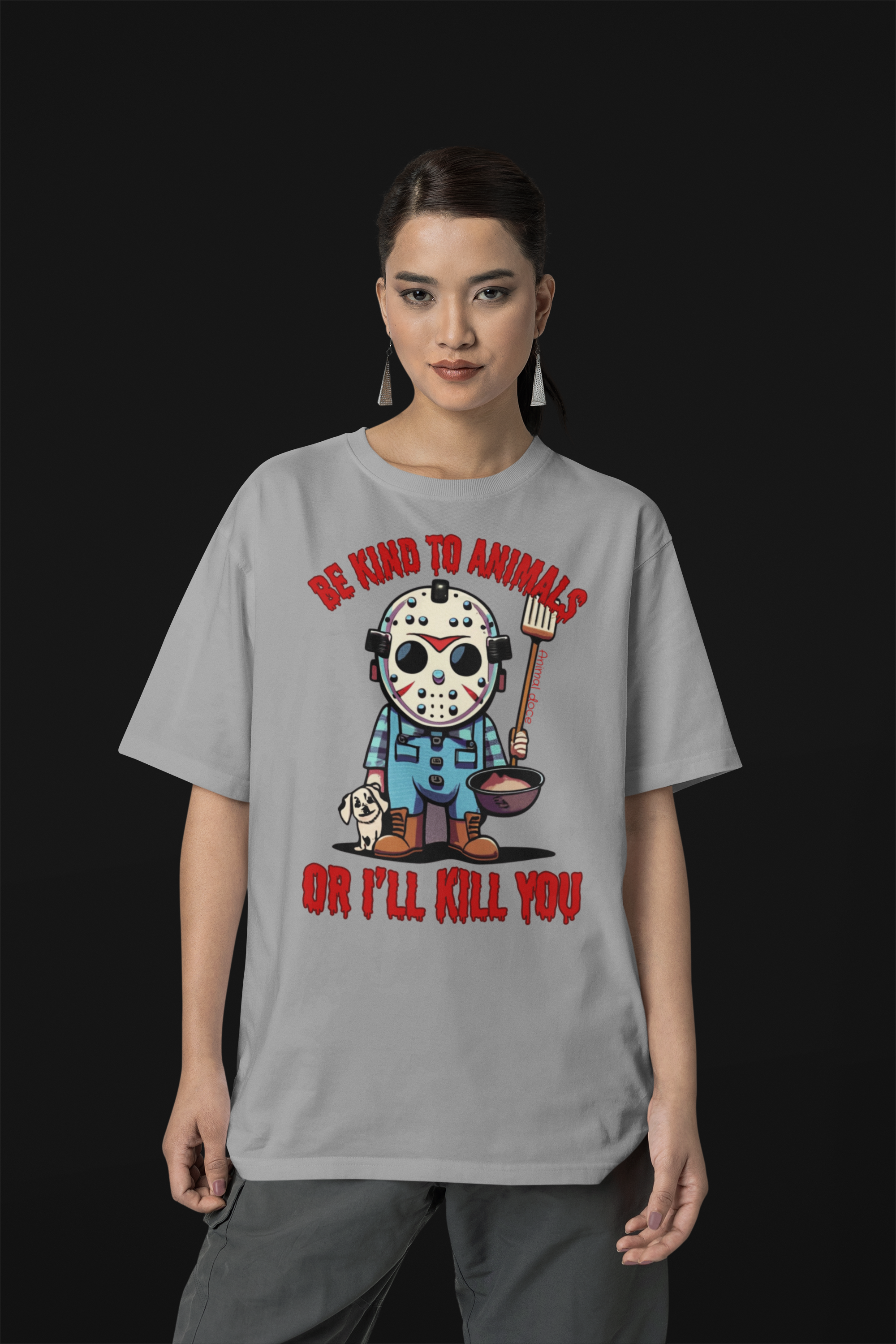 Nome do produto: CAMISETA T-SHIRT QUALITY DOG, LINHA FILME JASON BE KIND TO ANIMALS, SEXTA FEIRA 13