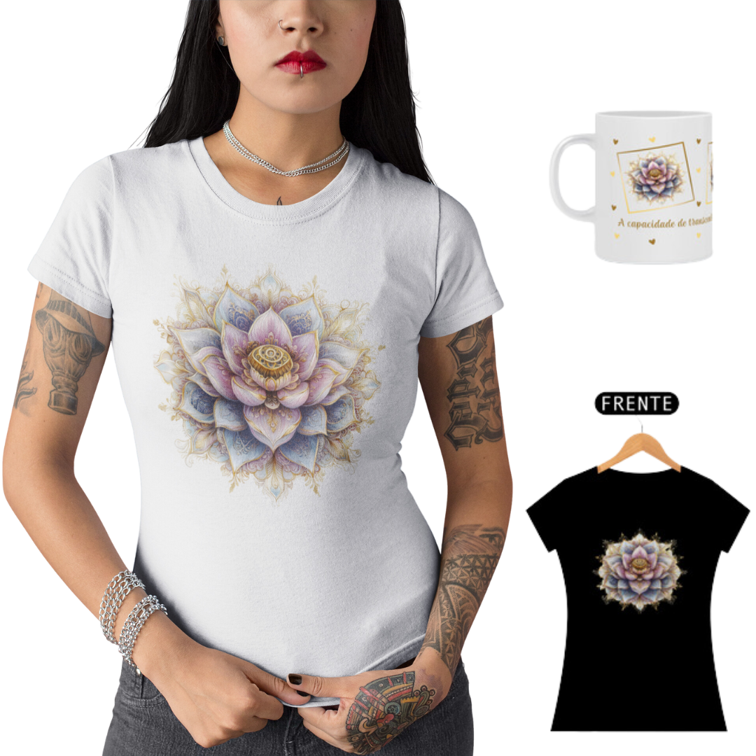 Camiseta Feminina Algodão Pima Mandala Flor-de-Lótus