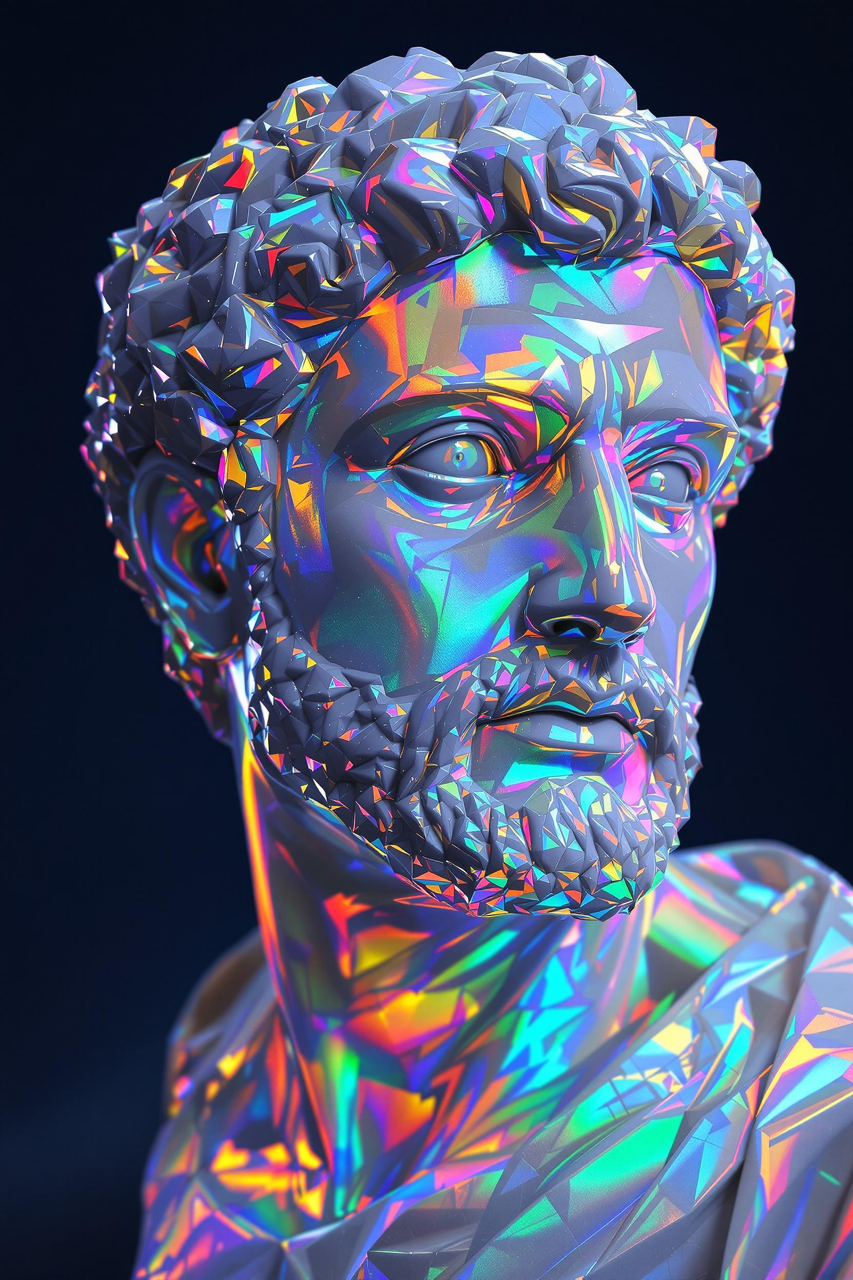 Nome do produto: Boné Prime Com TelaUm deslumbrante busto masculino de mármore iridescente, renderização em 8K com Unreal Engine, cores vibrantes, muito reflexivo, iluminação perfeita, fundo azul-índigo escuro, ZBrush.
