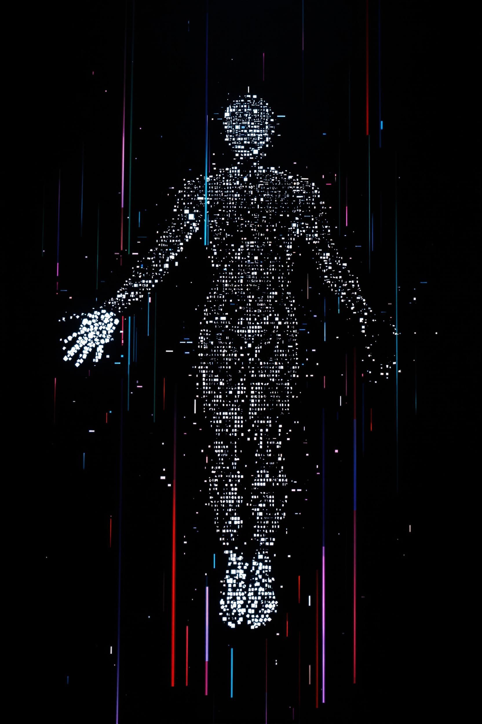 Nome do produto: Boné QualityUma figura humana futurista pixelizada, inspirada em Michelangelo, com estilo pixel art, estética de glitch eletrônico, textura cibernética, pontos brancos brilhantes formando as mãos, pontilhismo digital, fundo preto escuro com textura s