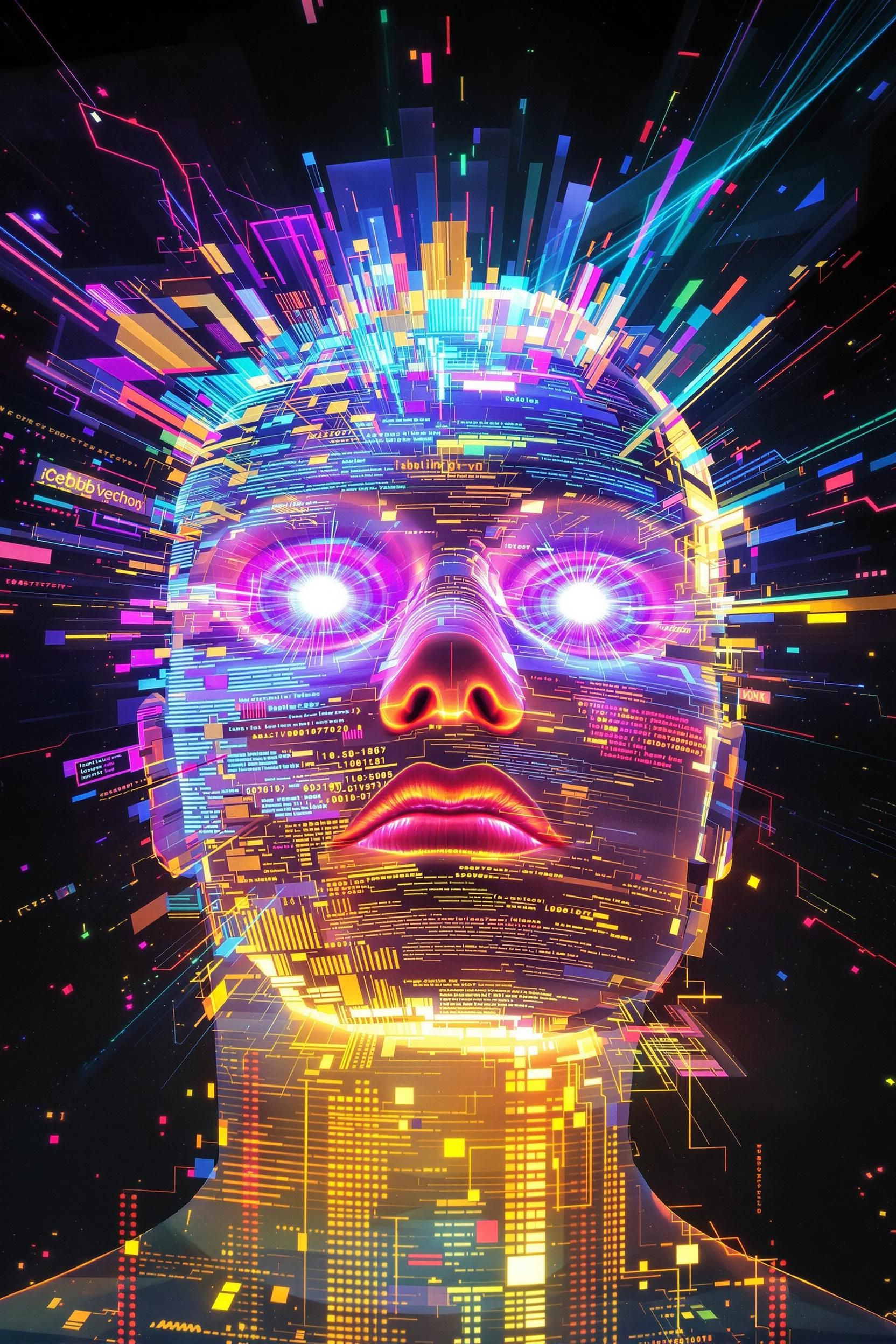 Nome do produto: Boné Americano Com TelaAvatar etéreo em estilo glitchcore, luzes de néon fantasmagóricas, rosto digital transparente, estática colorida e fragmentada, energia espectral futurista, névoa holográfica vibrante