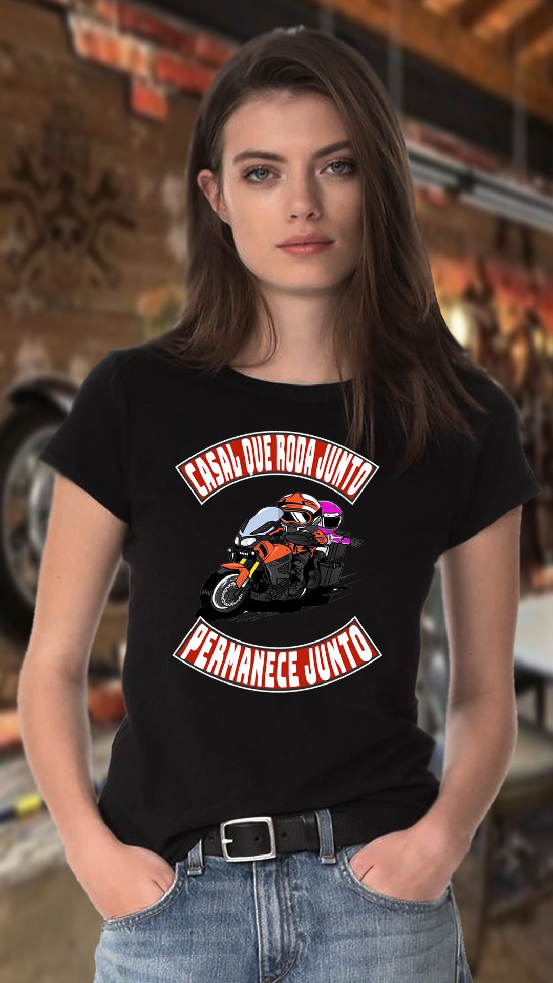 Nome do produto: CAMISETA FEMININA CASAL QUE RODA JUNTO