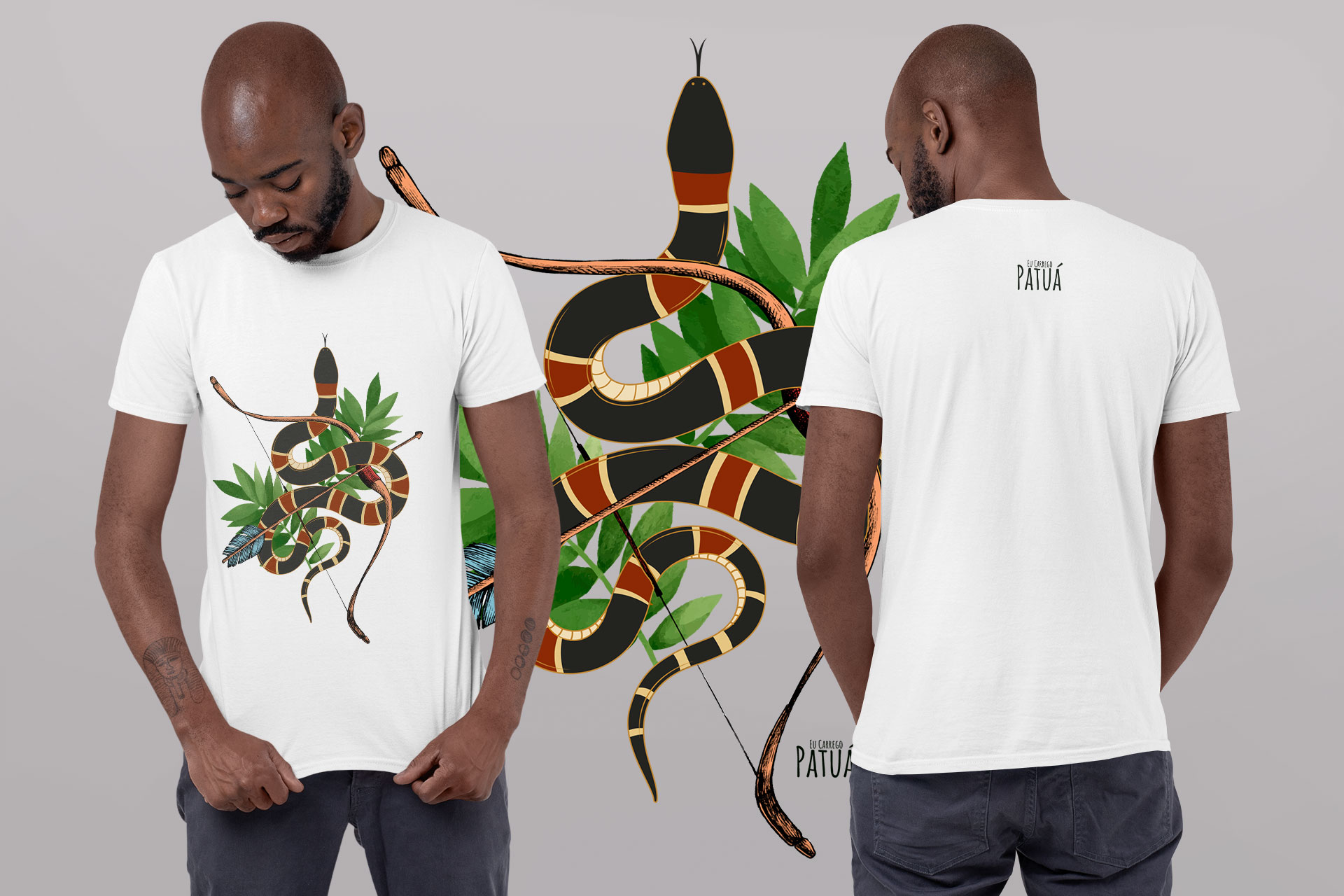 Nome do produto: Coleção Símbolos & Elementos - T-Shirt Classic Frente & Verso Caboclo Cobra Coral