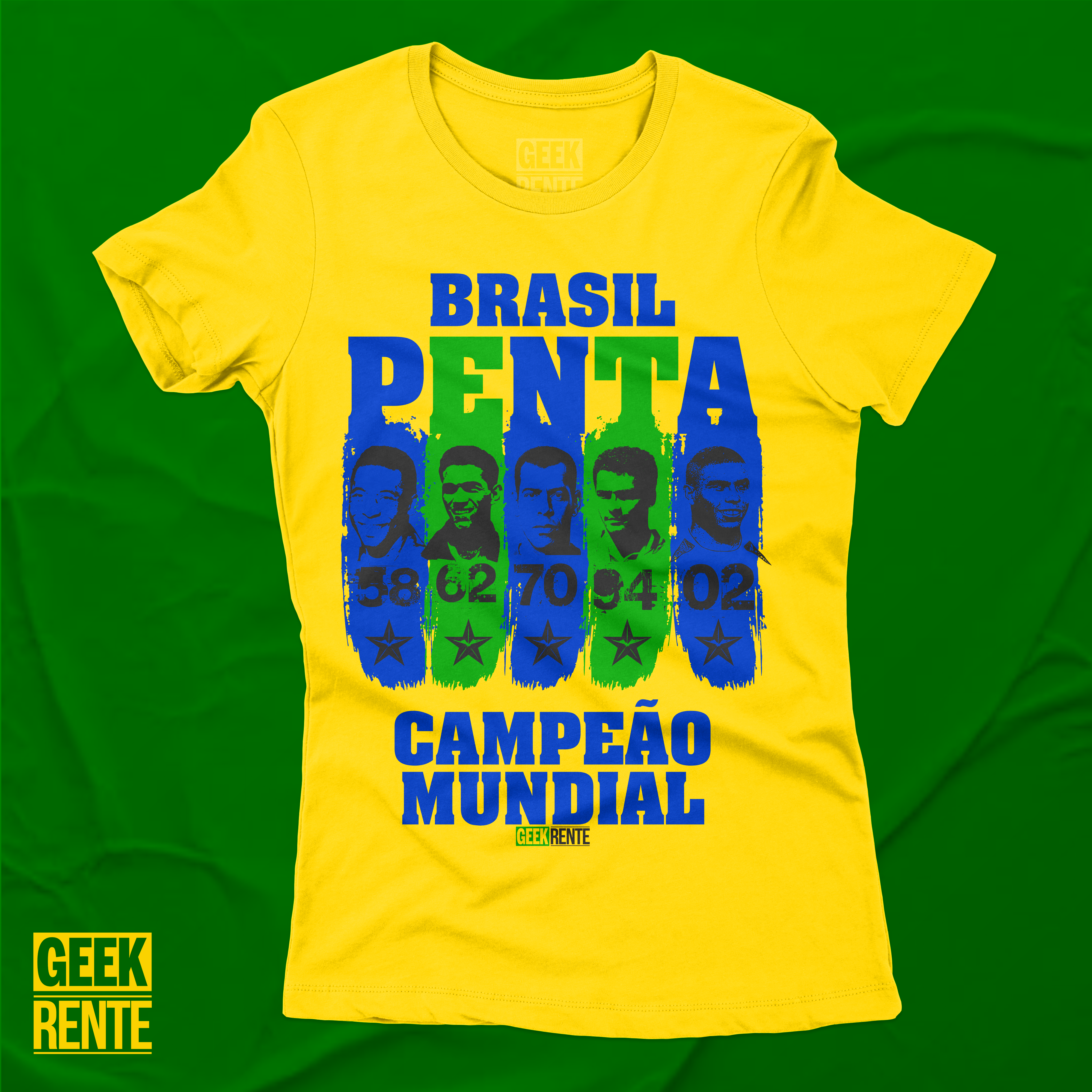 CAMISETA FEMININA AMARELA - PENTA CAMPEÃO 58-62-70-94-02