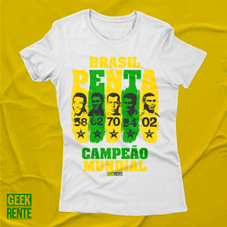CAMISETA FEMININA BRANCA - PENTA CAMPEÃO 58-62-70-94-02