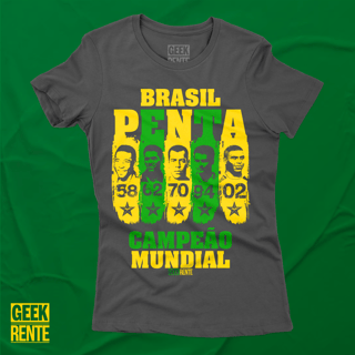 CAMISETA FEMININA PRETA - PENTA CAMPEÃO 58-62-70-94-02