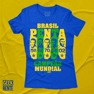 CAMISETA FEMININA AZUL - PENTA CAMPEÃO 58-62-70-94-02