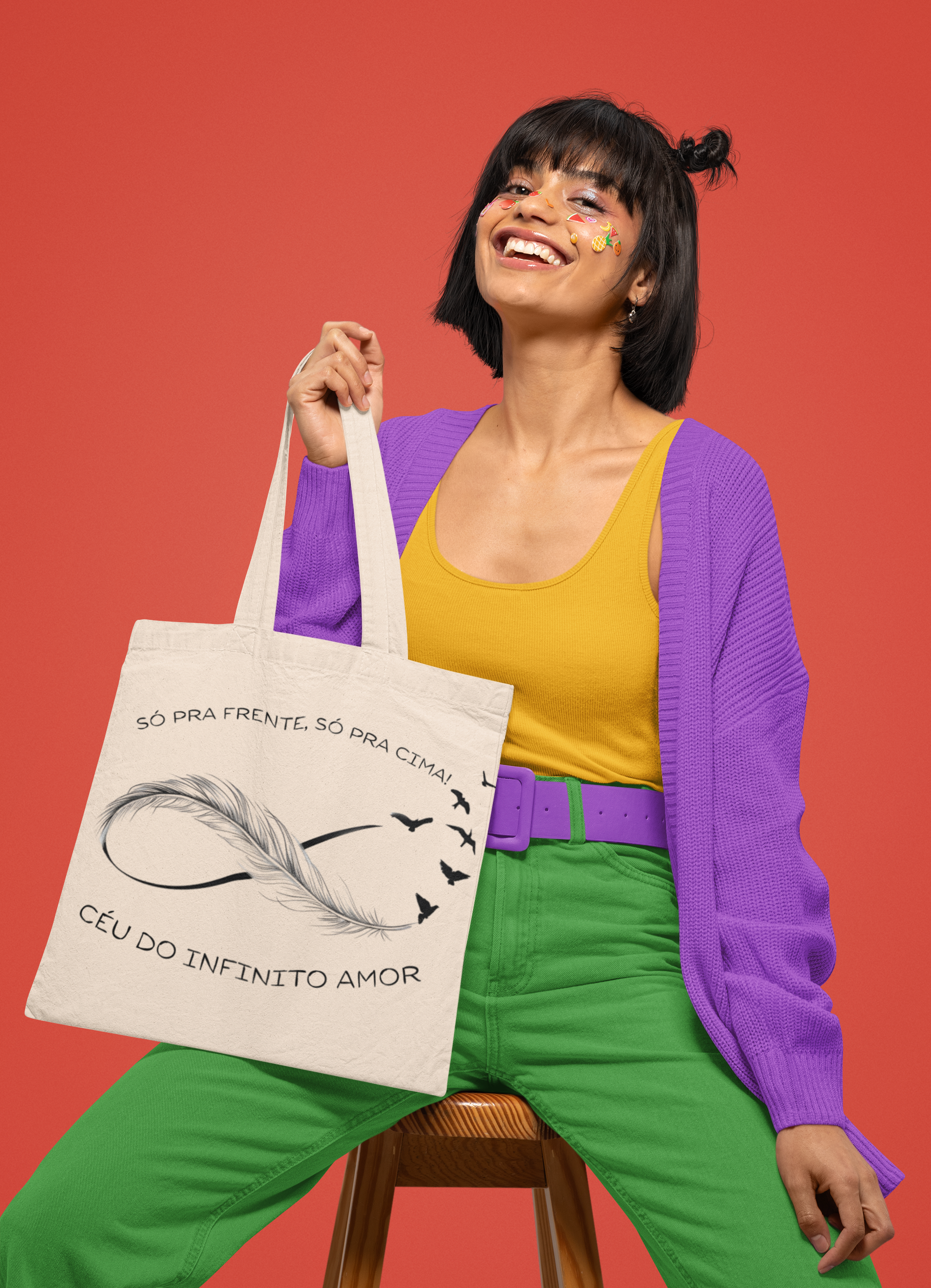 Nome do produto: Ecobag Pena e Passáros Simbolo do Infinito Preto e Branco