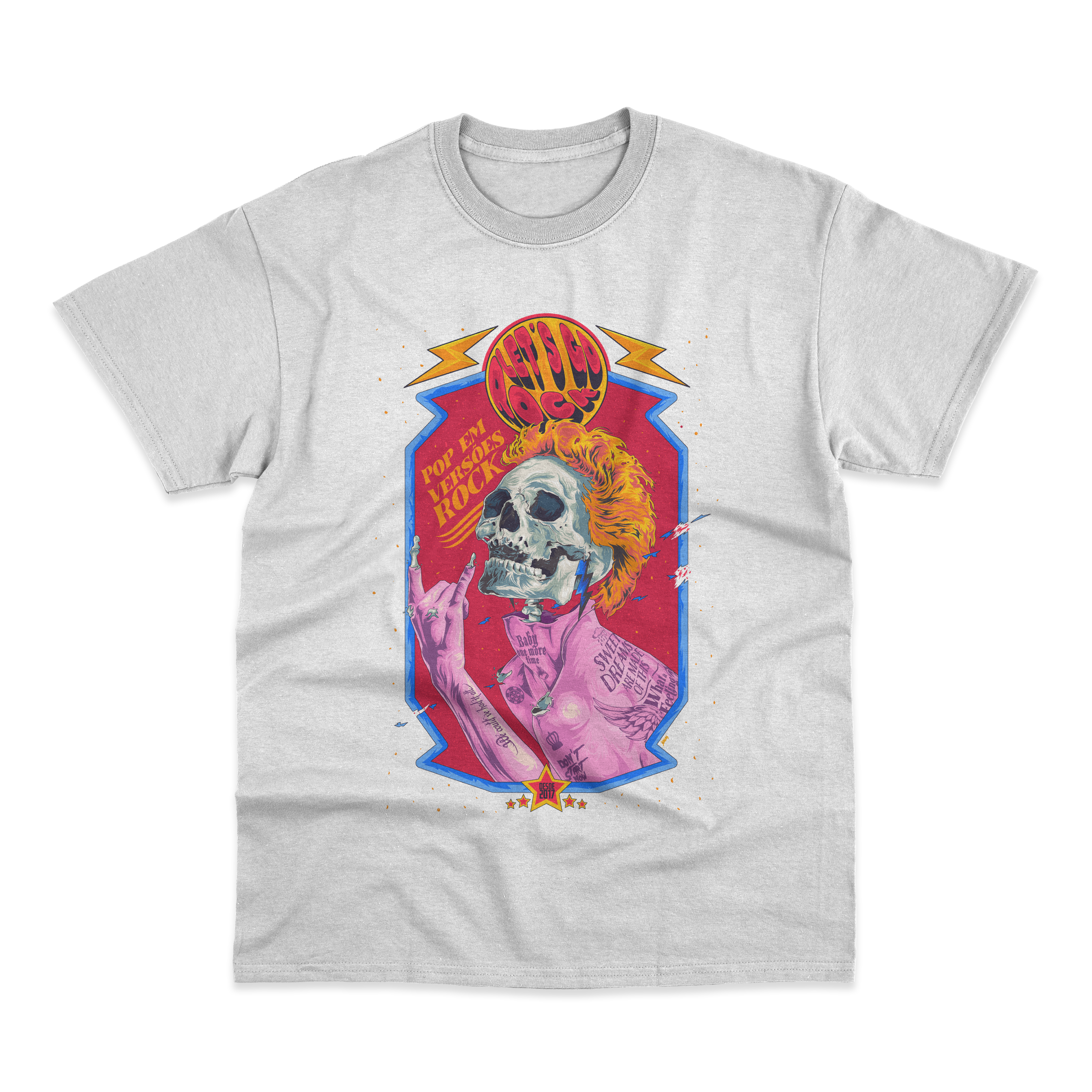Nome do produto: CAMISETA BRANCA LET\'S GO ROCK - POSTER