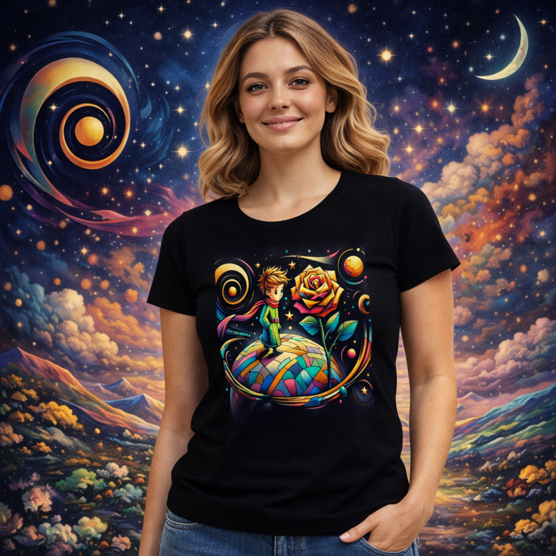 Camiseta Feminina Pequeno Príncipe e o Planeta