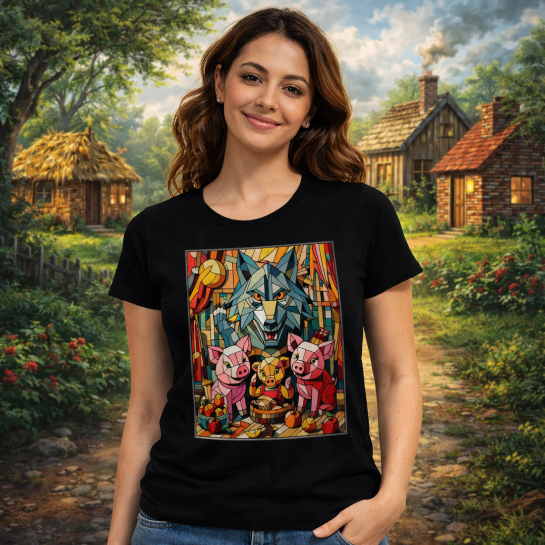 Camiseta Feminina Os Três Porquinhos Cubismo