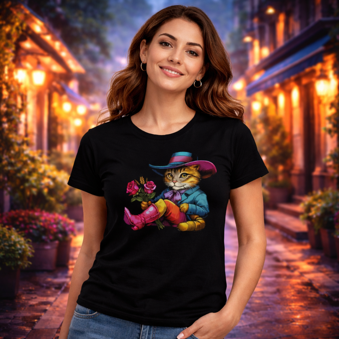 Camiseta Feminina Gato de Botas Cartoon