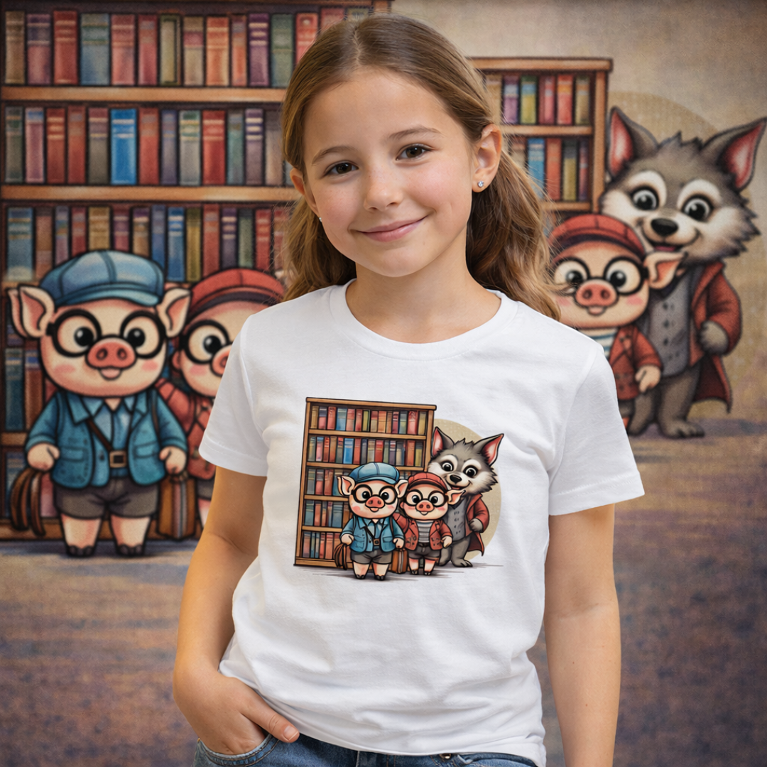 Camiseta Infantil Biblioteca com Três Porquinhos