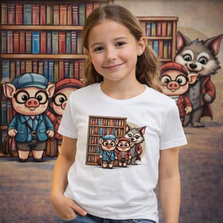 Camiseta Infantil Biblioteca com Três Porquinhos