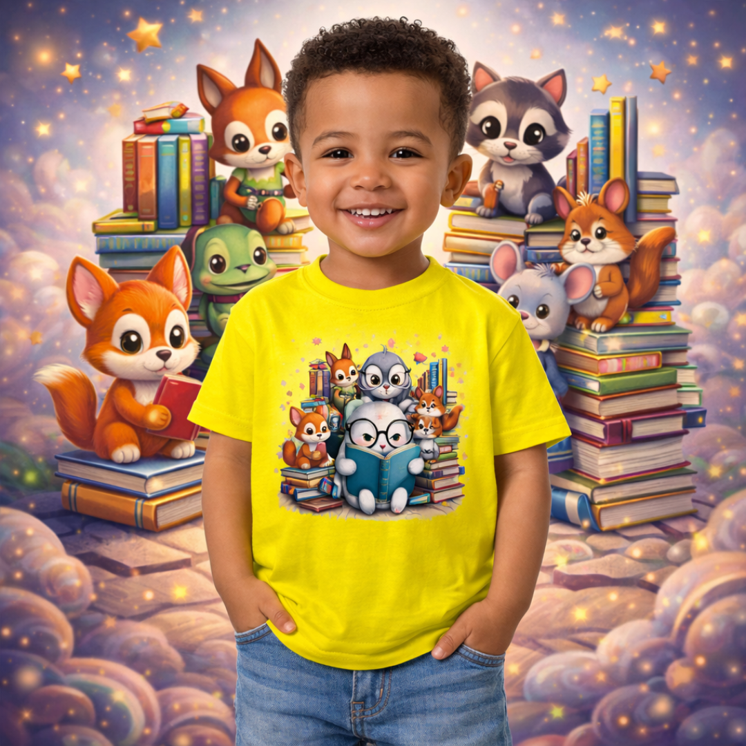Camiseta infantil Bichos na Biblioteca