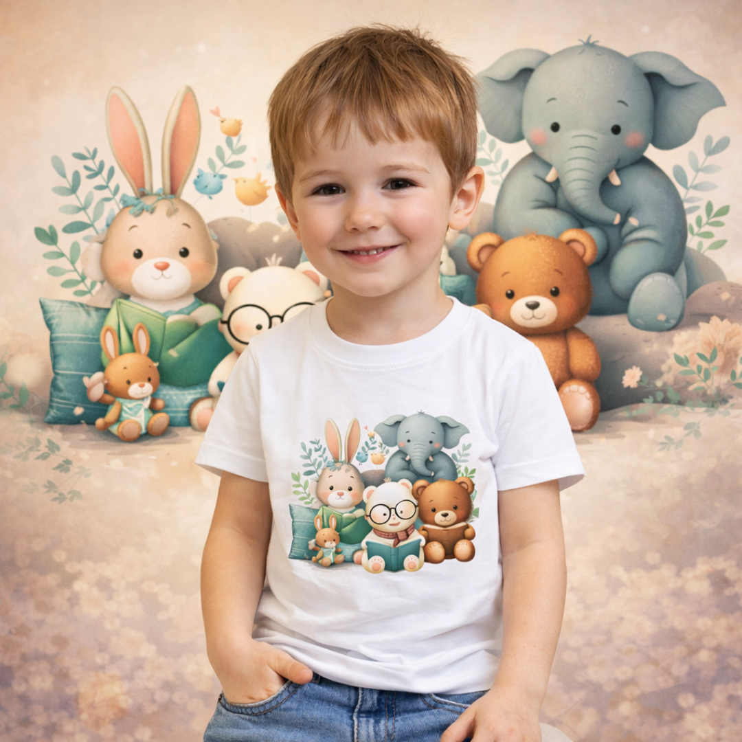 Camiseta Infantil Animais Fofos Lendo