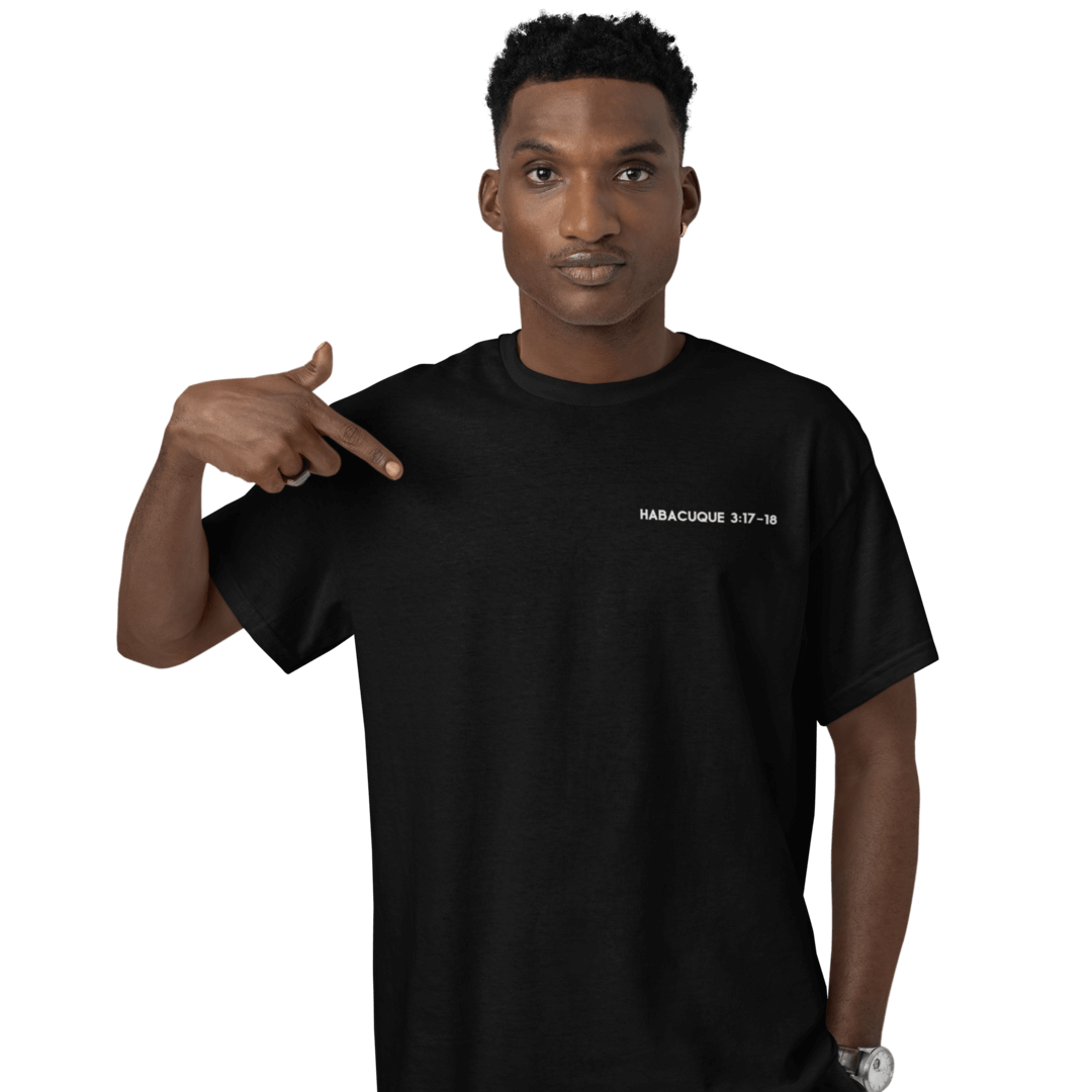 Nome do produto: Camiseta Cristã Prime - Habacuque 3:17-18 - Minimalista