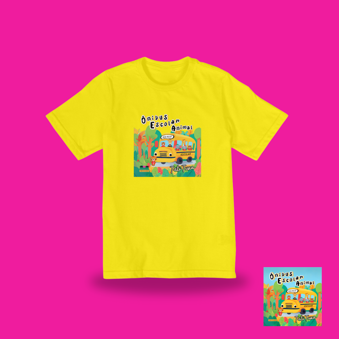 Nome do produto: Camiseta infantil - de 2 a 8 anos - Ônibus escolar animal